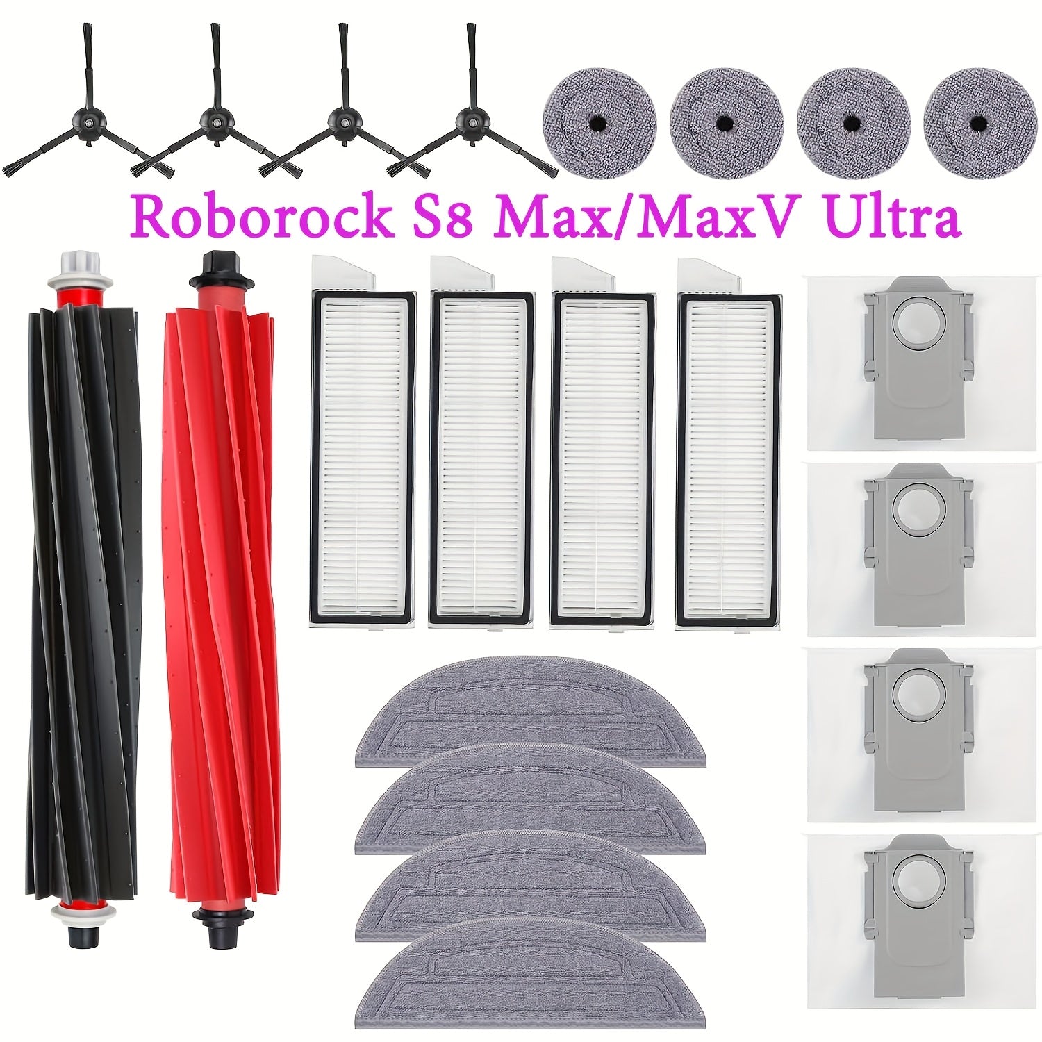 Roborock S8 Max/MaxV Ultra aksessuar to'plami o'z-o'zini tozalovchi cho'tka, 4 ta mini mop, HEPA filtri, yon cho'tka va vakuum sumkasini o'z ichiga oladi.