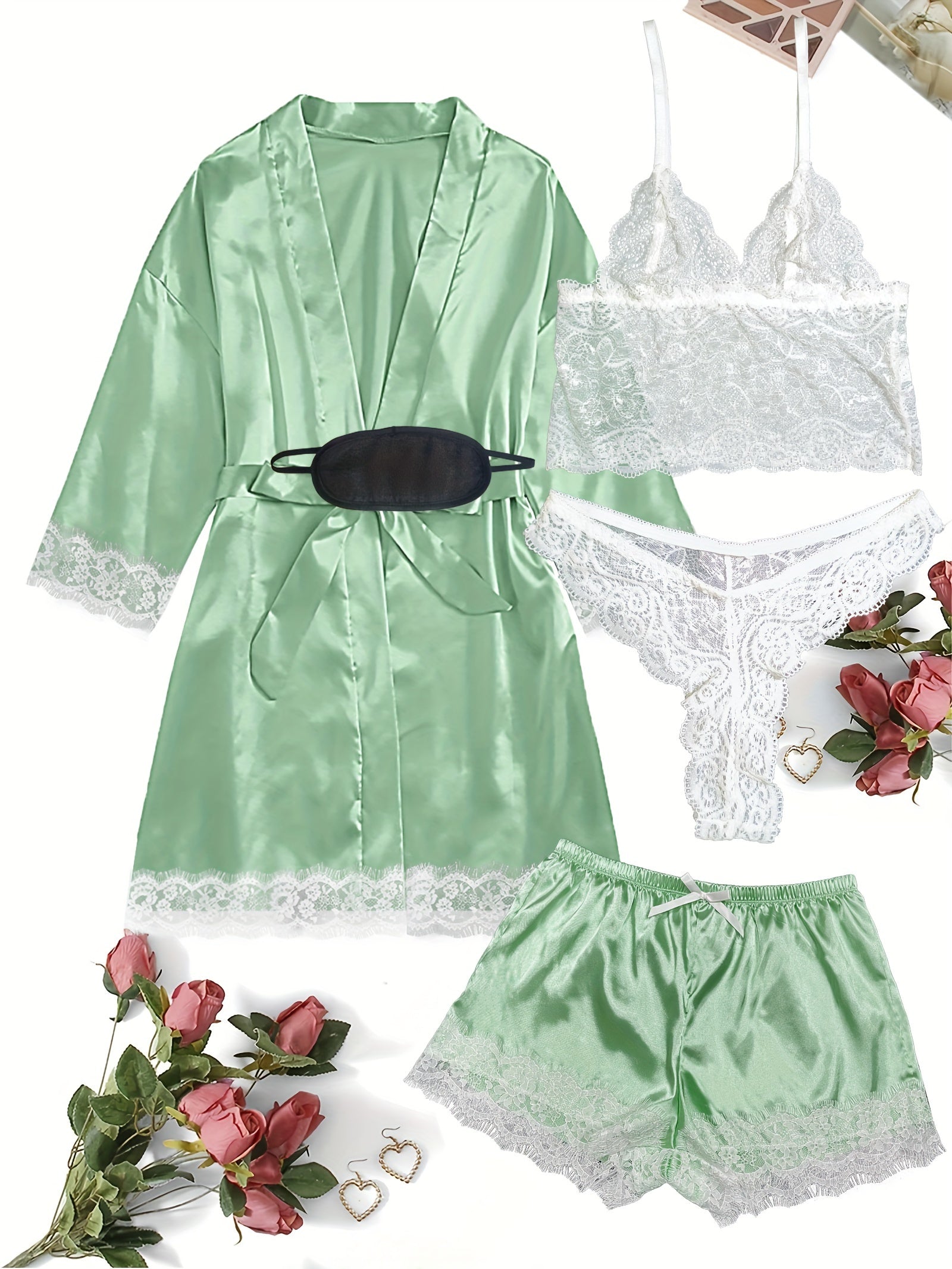 Women's Plus Size Satin Lace Nightgown Set With Camisole Shorts And Eye Mask