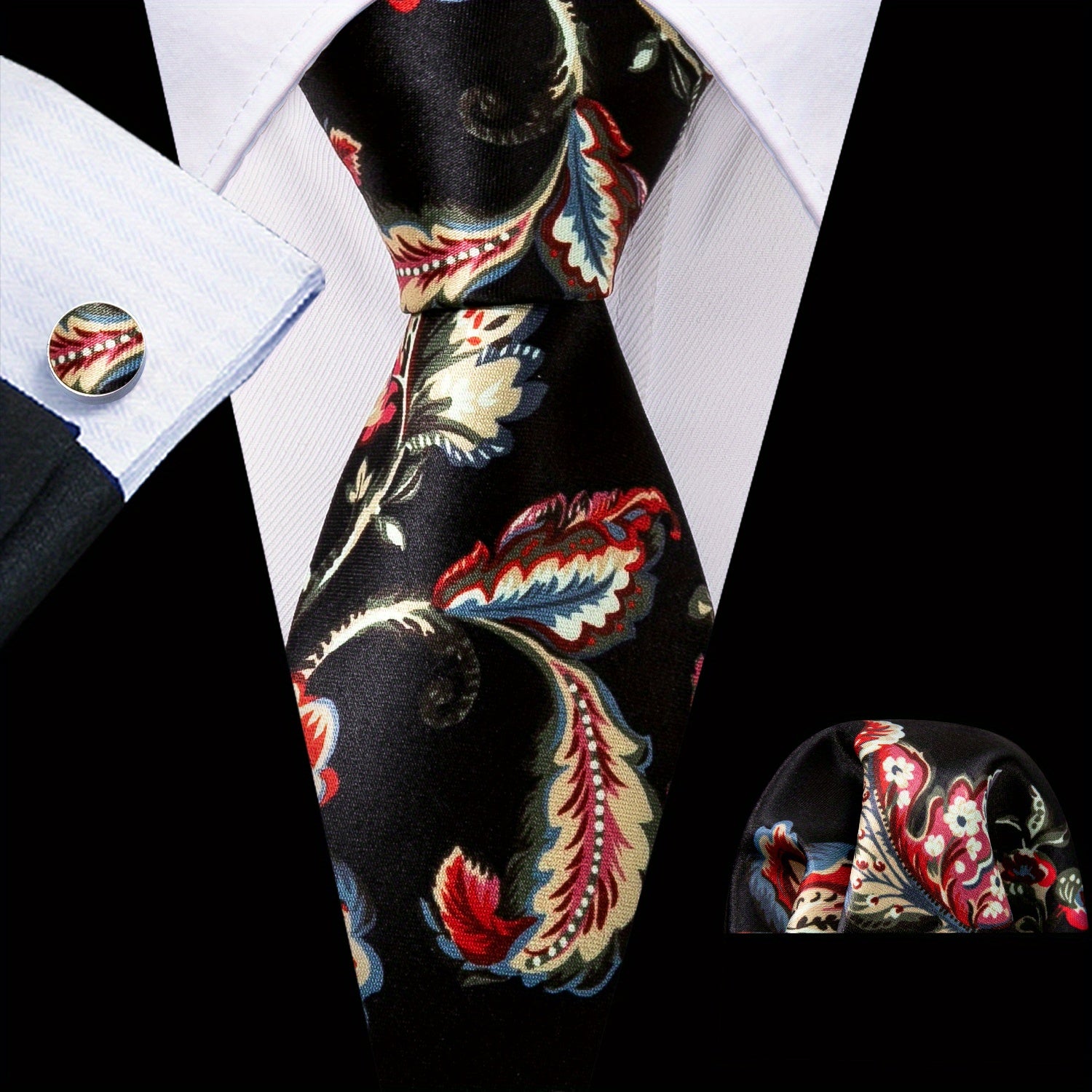 Men's Formal Wedding Tie Set with Jacquard Striped Necktie Pocket Square and Cufflinks