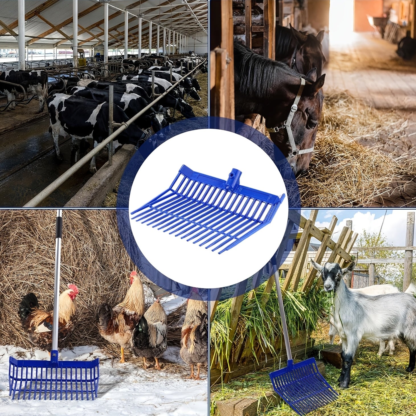 ABS Horse Stall Cleaning Fork Large Blue and Black Durable Plastic Manure Hay Fork