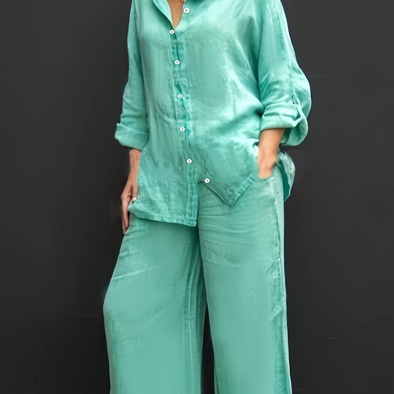 Women's Casual Two-Piece Set Solid Color Button-Up Shirt and Wide-Leg Pants Polyester Blend