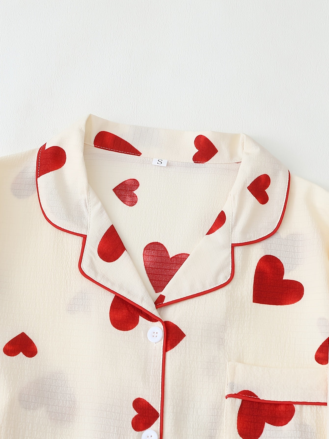 Women's Red Heart Print Pajama Set with Long Sleeves and Lapel Collar
