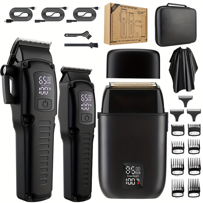 Set of 3 professional electric hair clippers with strong power and 3-in-1 functionality