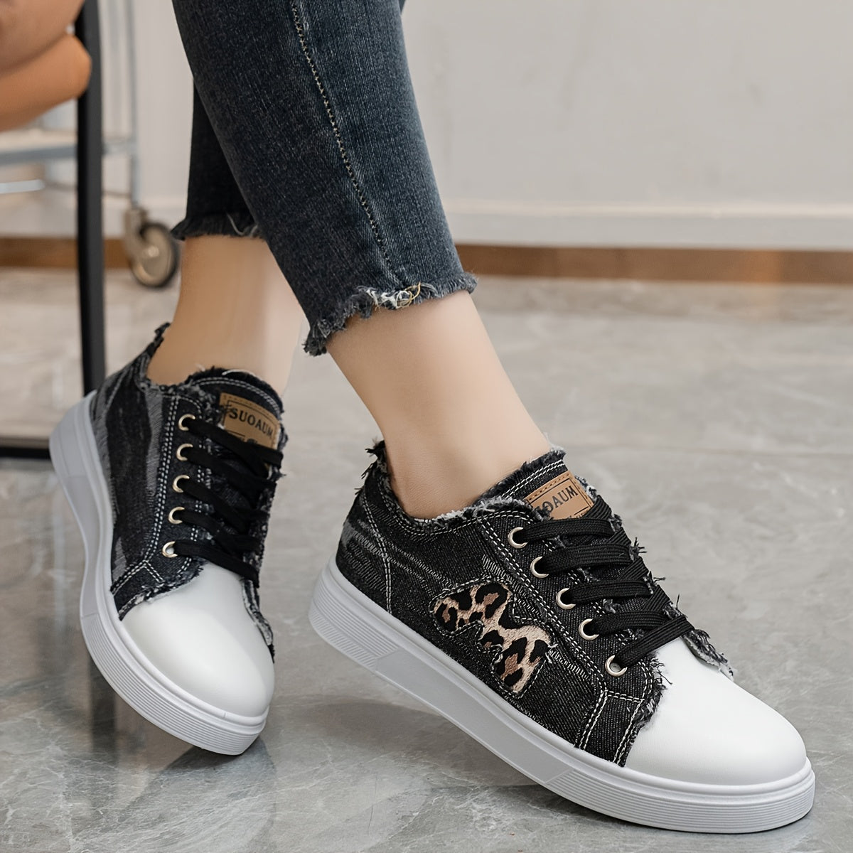 Women's Faux Denim Sneakers with Leopard Print, Breathable Fabric, All-Season Comfort