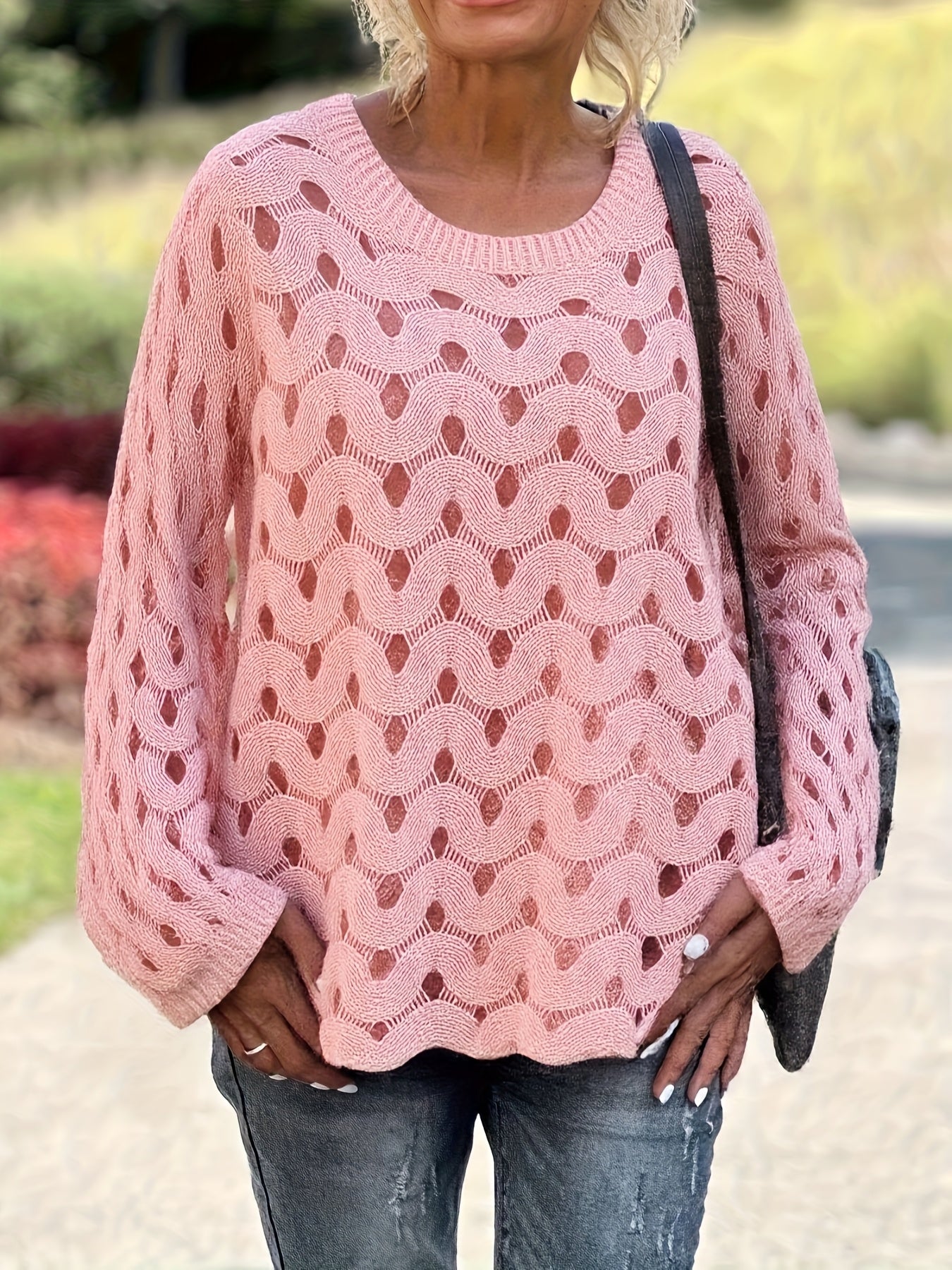 Women Plus Size Long Sleeve Knit Sweater Pink Hollow Ribbed Spring Summer