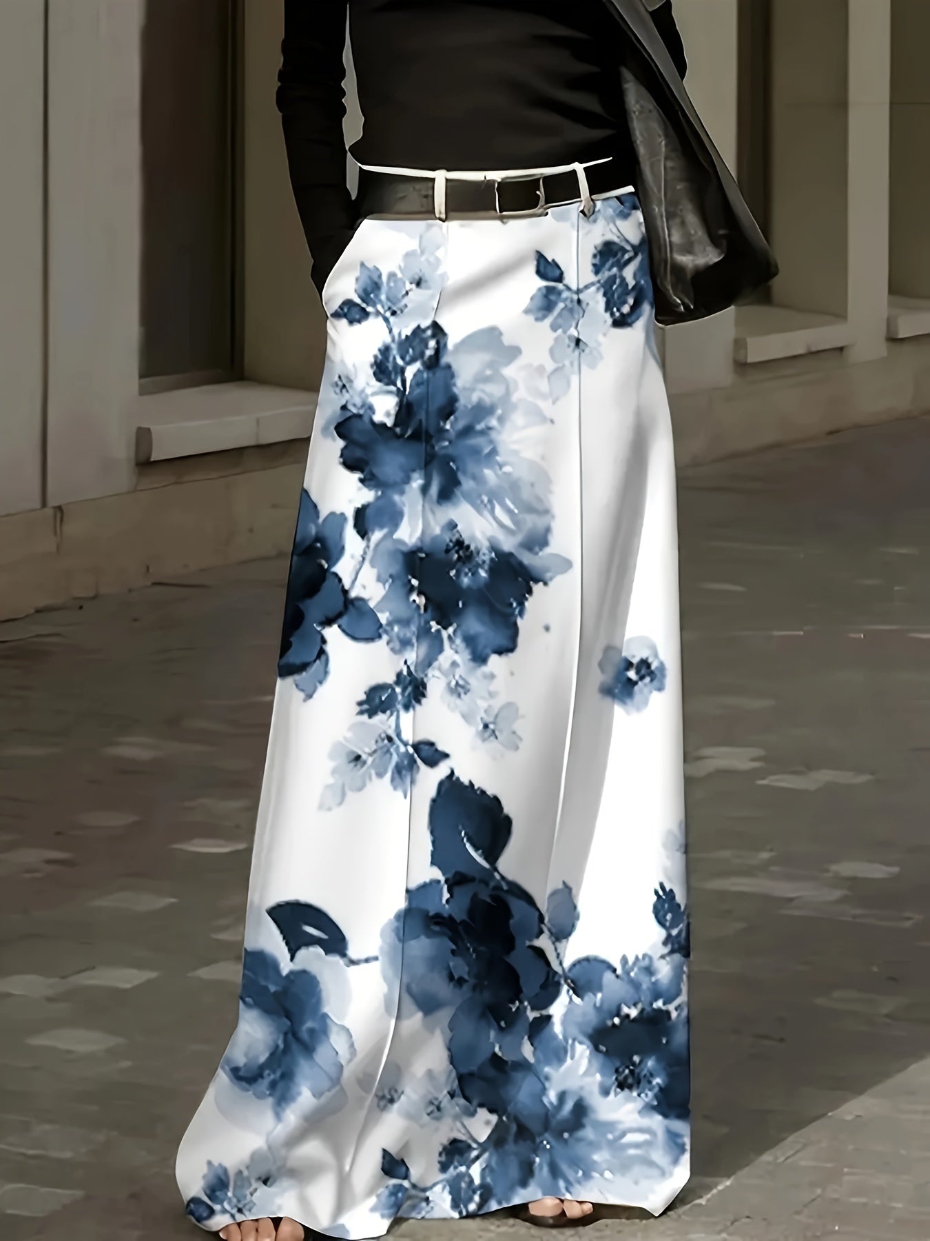 Plus Size Floral Print Midi Skirt With Pockets Polyester Flared