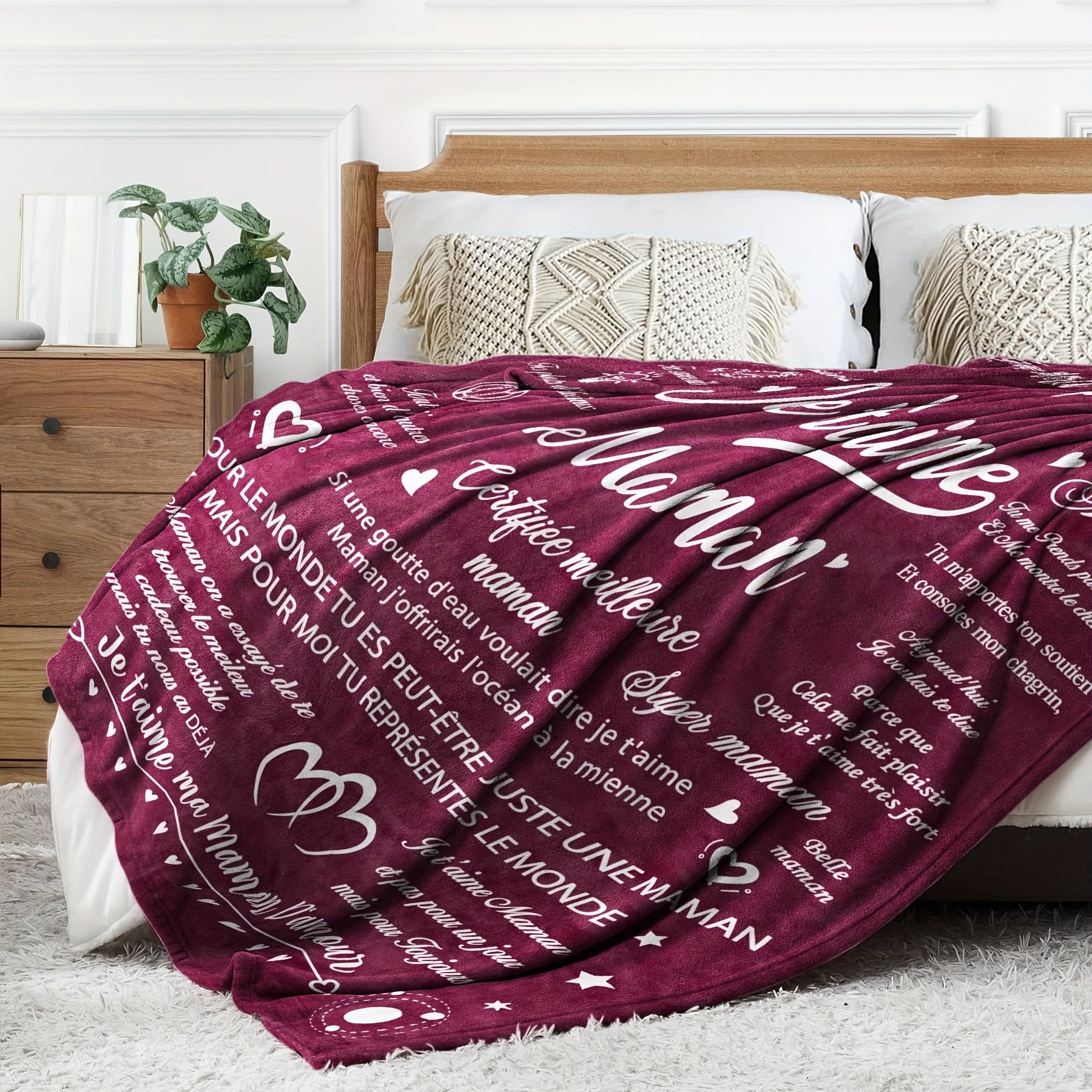 French Letter Printed Fleece Blanket for Mom Cozy Warm Gift