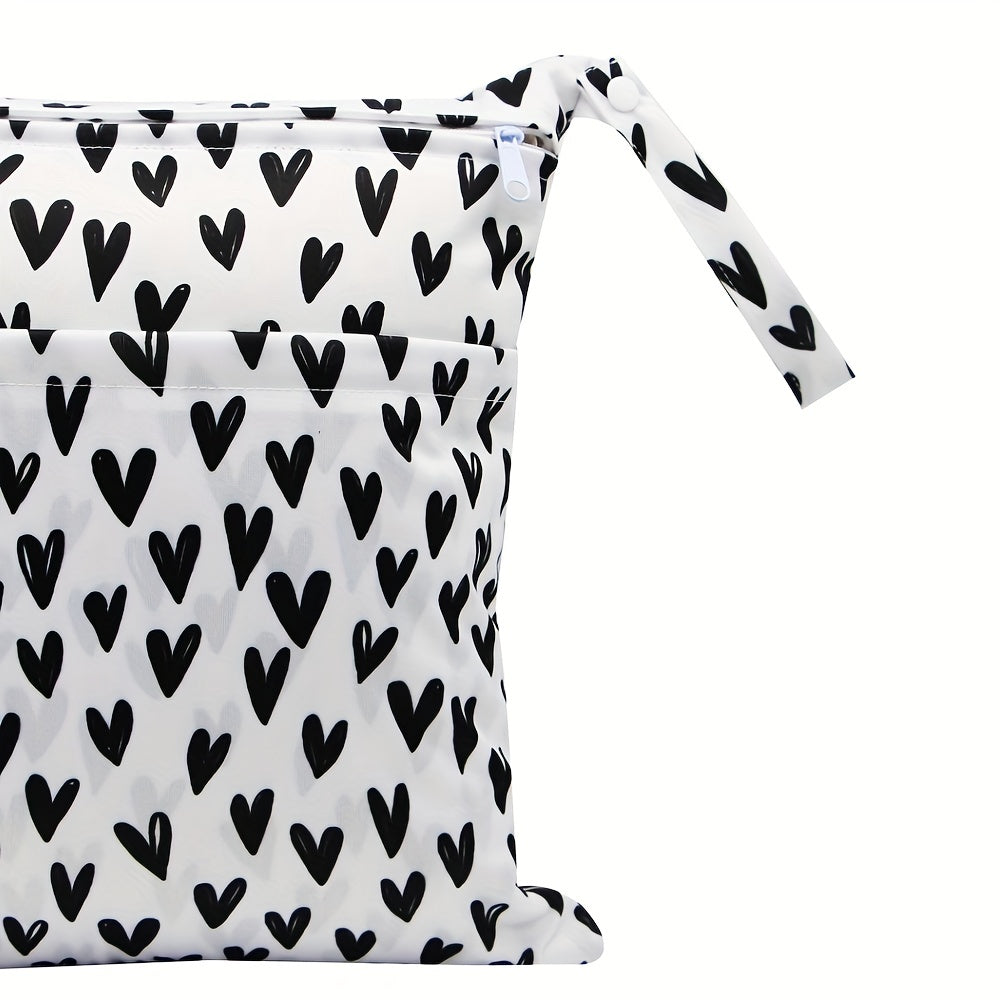 Black Hearts Waterproof Diaper Bag with 2 Zippered Pockets and Handle