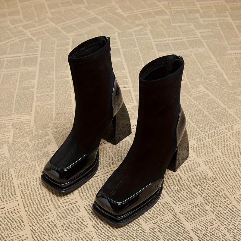 Women's Ankle Boots High Block Heel Square Toe Zipper All-Season Dress