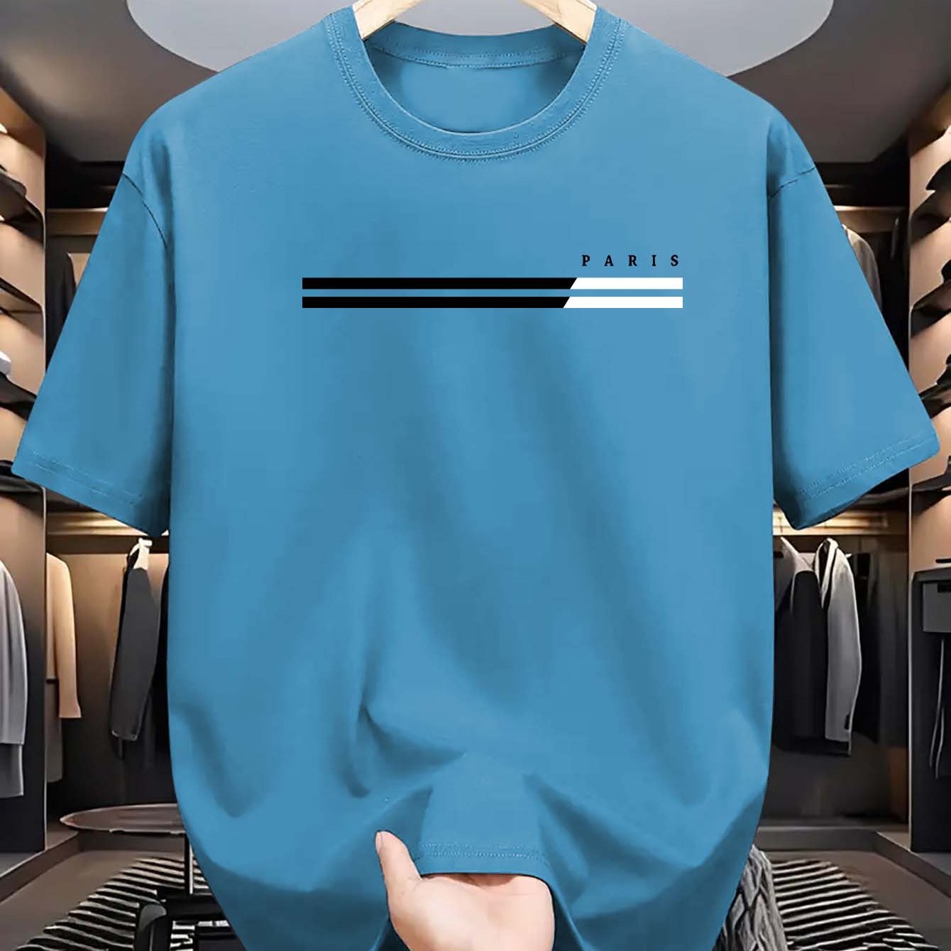 Erkaklar uchun tasodifiy krujka bo'yinli T-ko'ylak, 100% polyester to'qilgan matodan tayyorlangan. Ozgina cho'zilishi, qisqa yenglari bor va kattalar uchun zamonaviy va ko'p maqsadli.