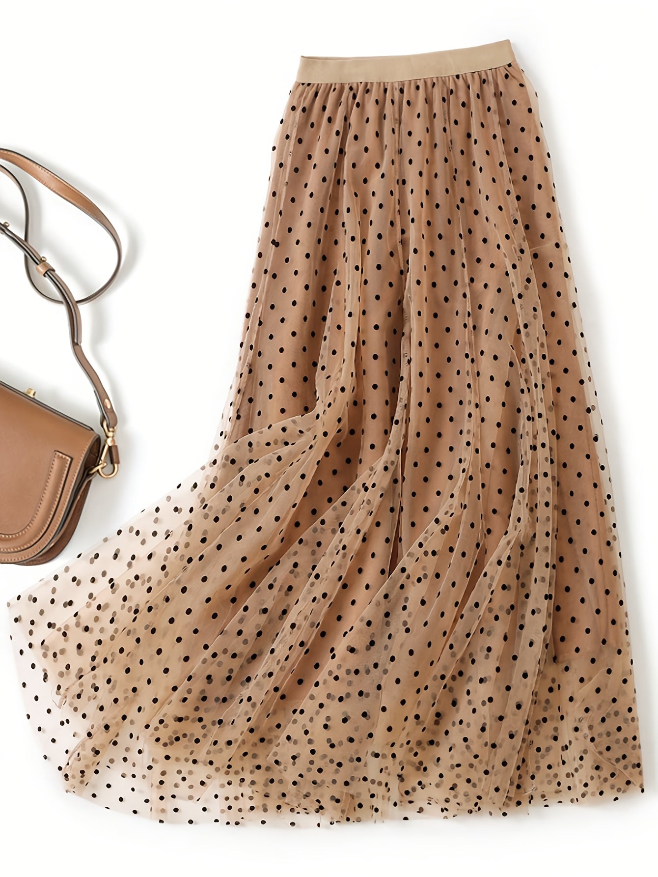 Falda midi de lunares de talla grande para mujer en línea A, con malla ligera y flocked