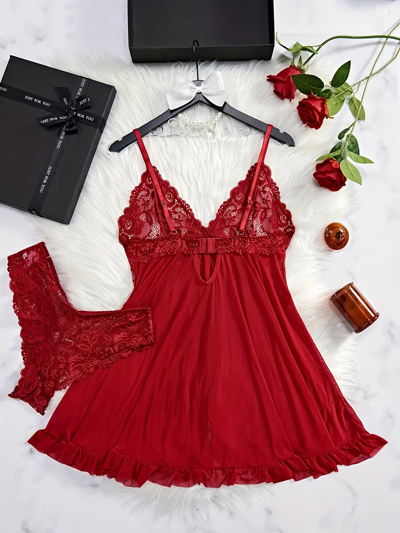 Women's Sheer Lace-Trim Backless Sleep Dress with Ruffle Hem and Thong Set