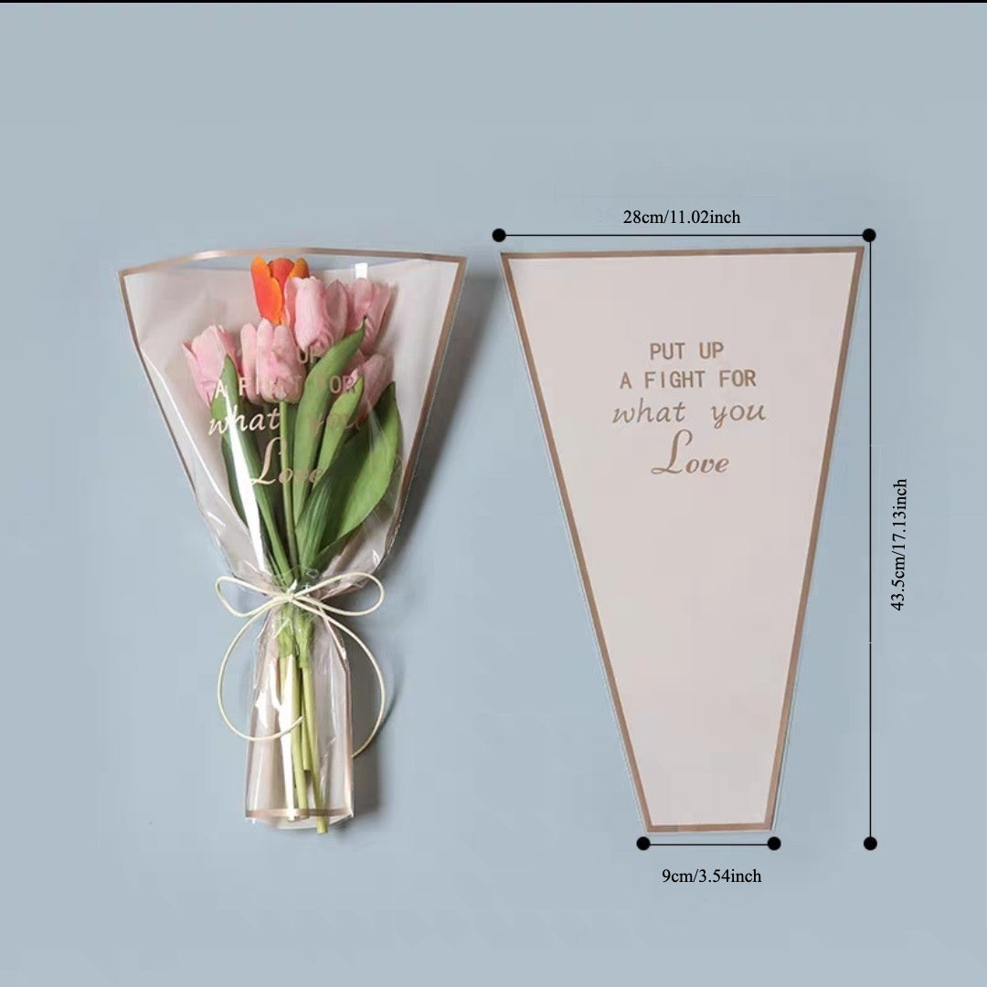 50 dona shaffof gulchambar bog'lamalar sumkasi, sevgililar kuni va gul do'koni uchun motivatsion iqtibos bilan