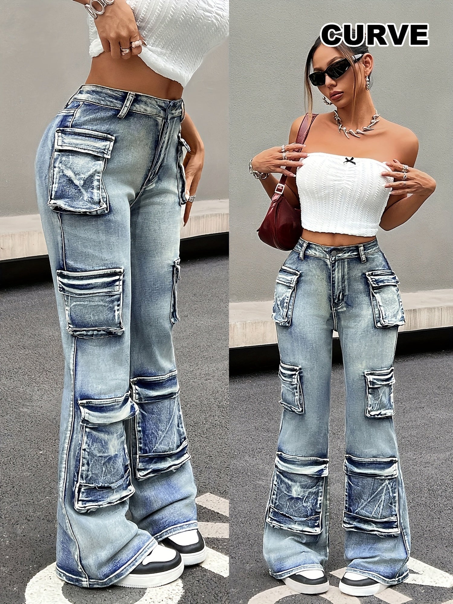 Plus Size Women's High-Waisted Stretch Denim Flared Cargo Pants Multi-Pocket Winter Workwear