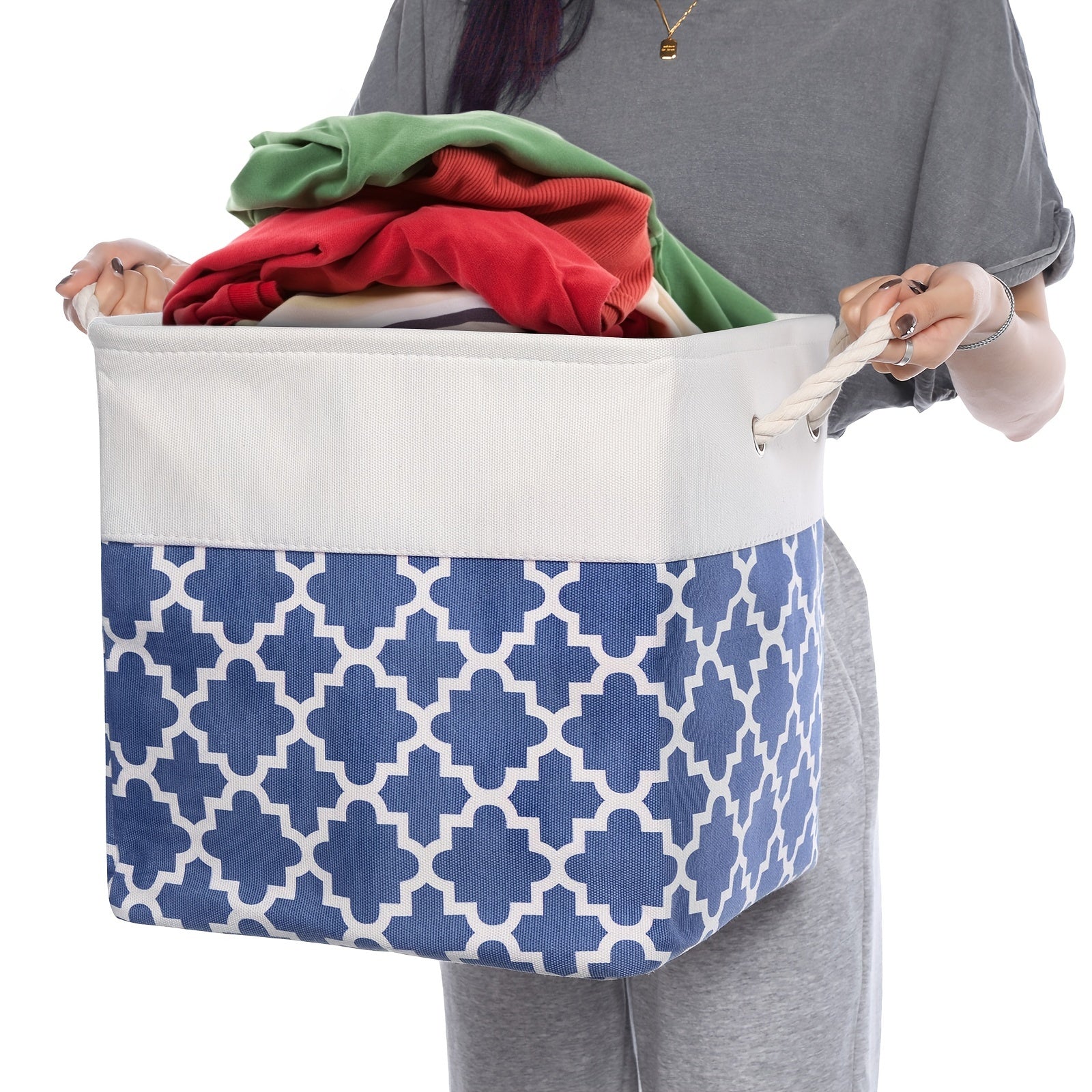 Juego de tres cestas de tela rectangulares grandes con asas para juguetes, ropa y organización del hogar