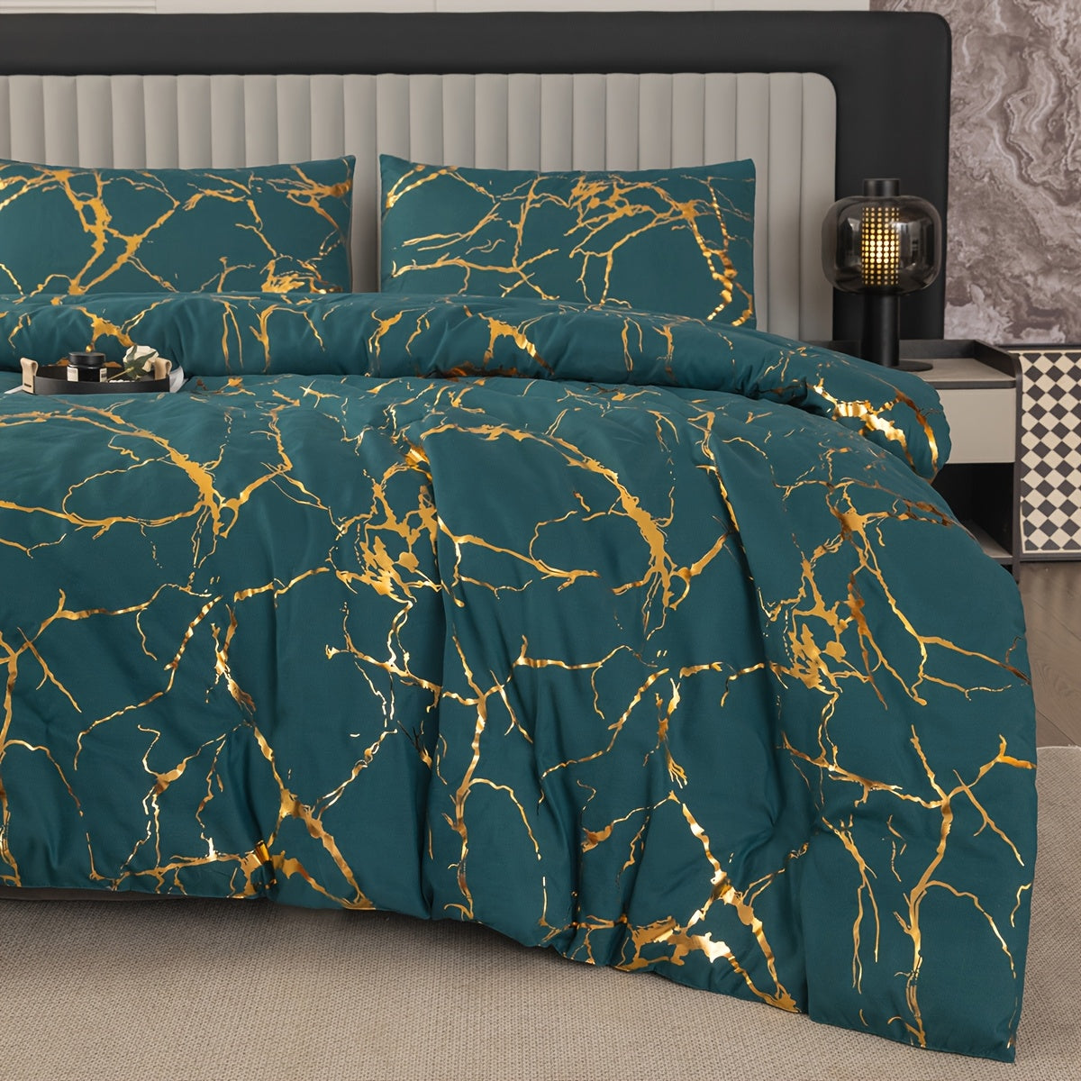 Elegant Marble Pattern Bedding Set in Pink Gray Green Blue Purple Washable Ultra-fine Fiber Duvet Cover 2-3 Piece