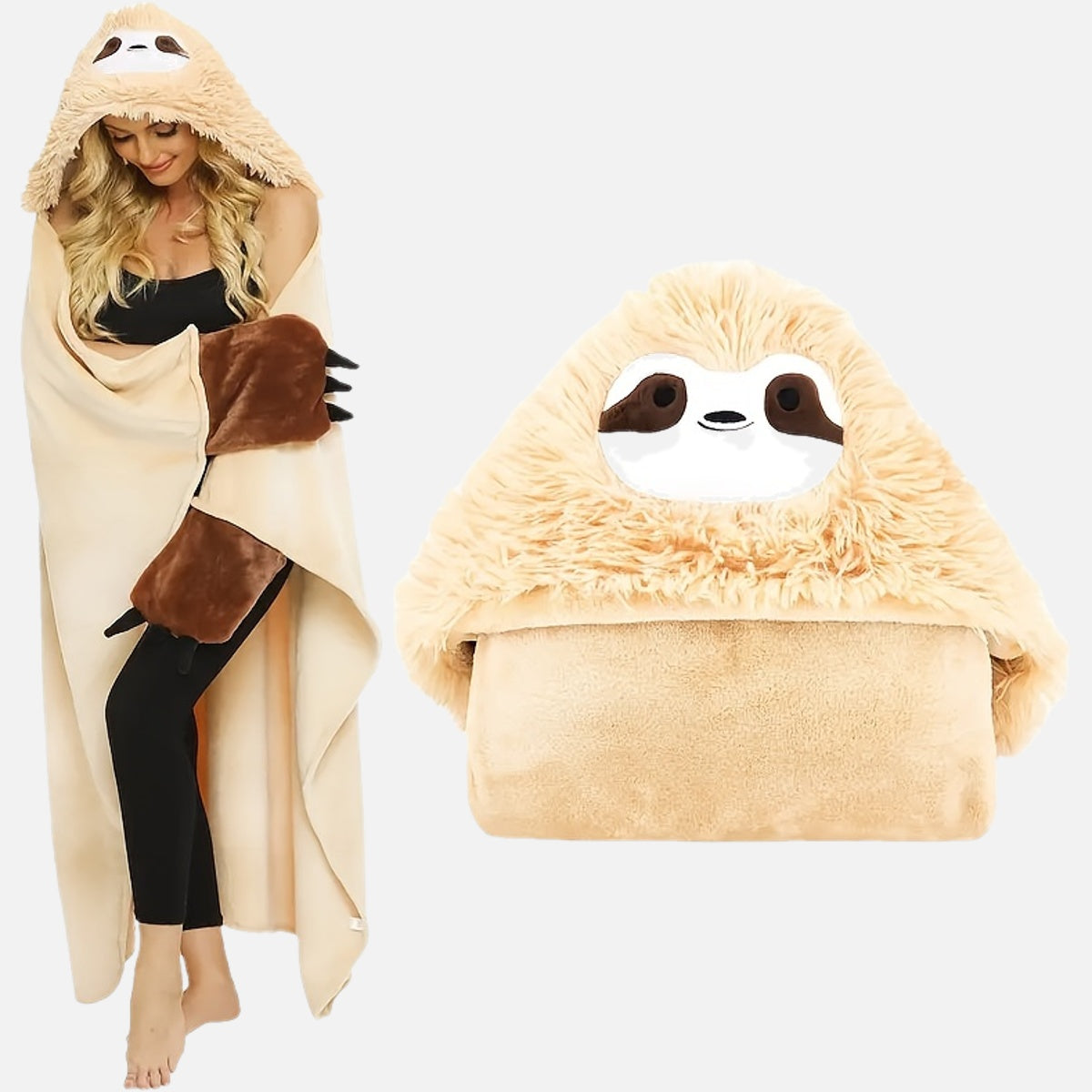 Women’s Soft Fluffy Hooded Sloth Wearable Blanket with Pockets 149x130 cm