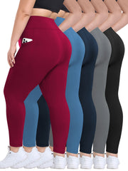 Plus Size Women High-Waisted Leggings Set With Side Pockets 5 Pack