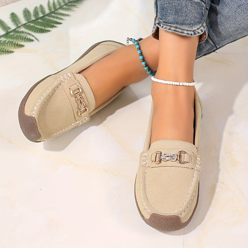 Women's Slip-On Loafers Leather Casual Flats with Metallic Buckle Black Brown Beige