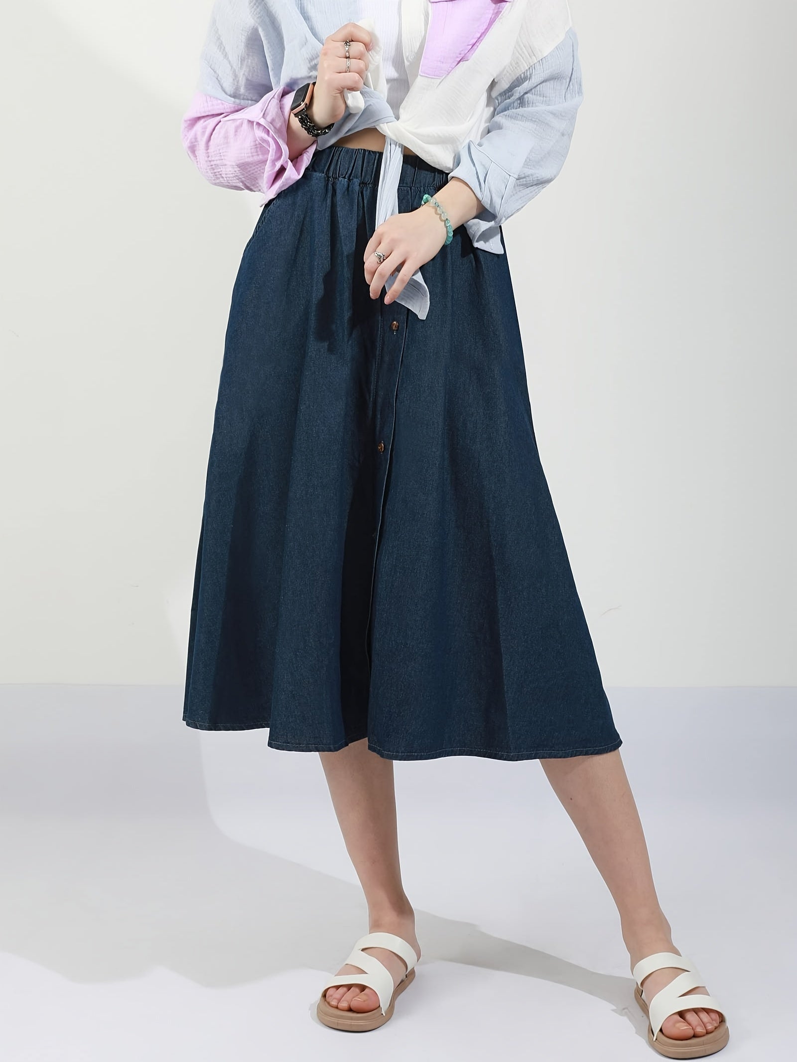 Plus Size Women's High-Waisted Floral A-Line Midi Skirt