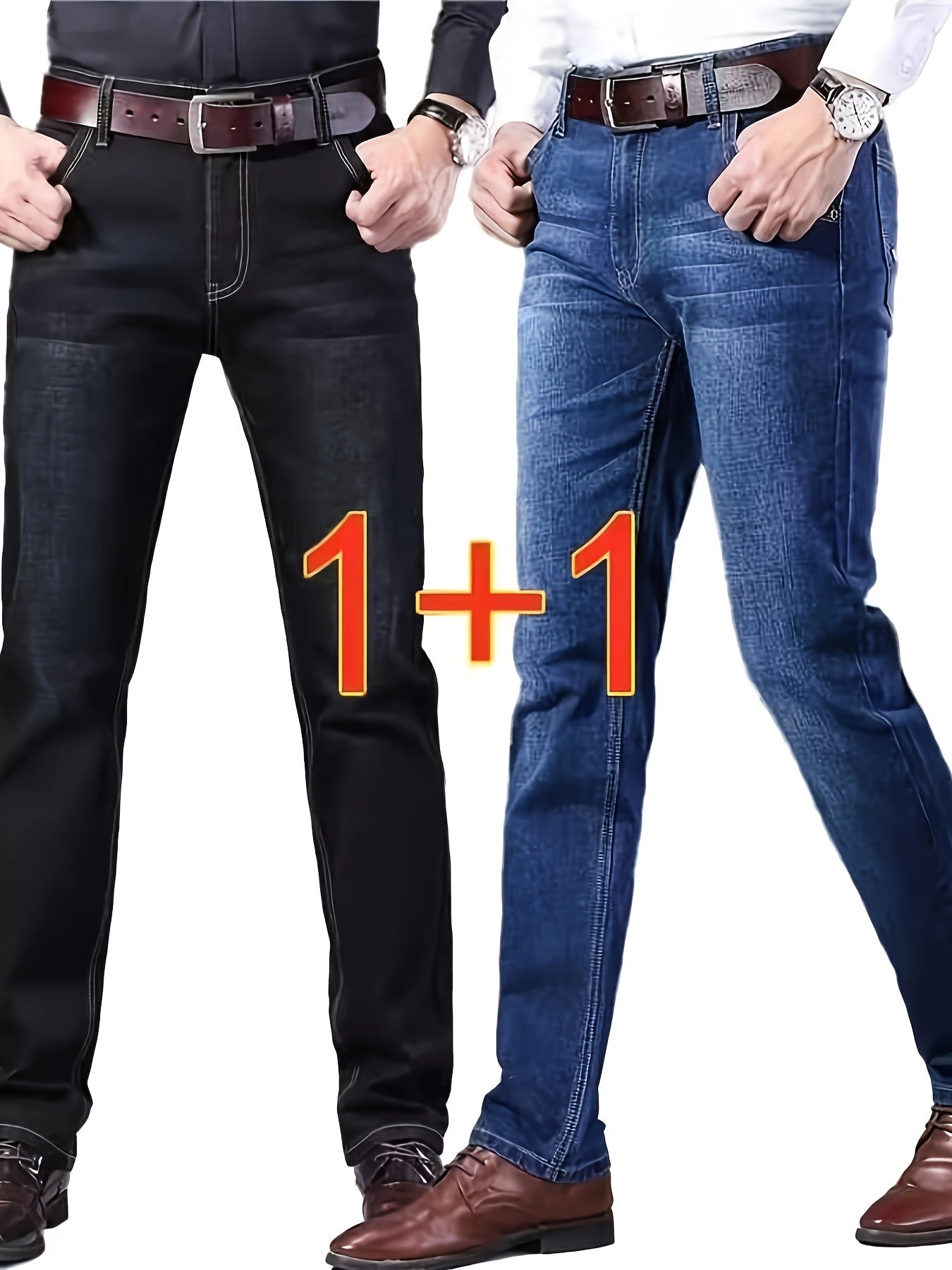Men's Black Denim Trousers Set for Spring and Autumn Regular Fit All-Season