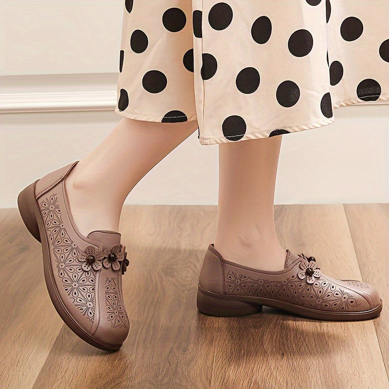 Zapatos casuales femeninos sin cordones con estampado floral, transpirables y sintéticos, en color marrón