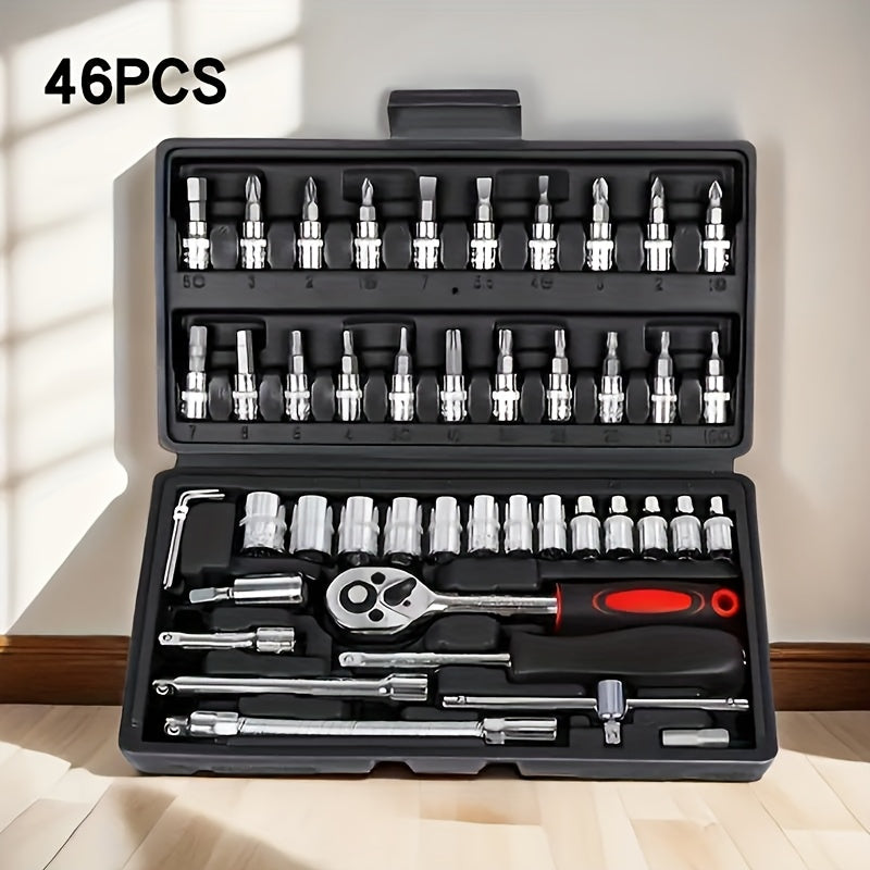 Juego de 46 piezas de llaves de vaso de acero con trinquete y estuche de almacenamiento