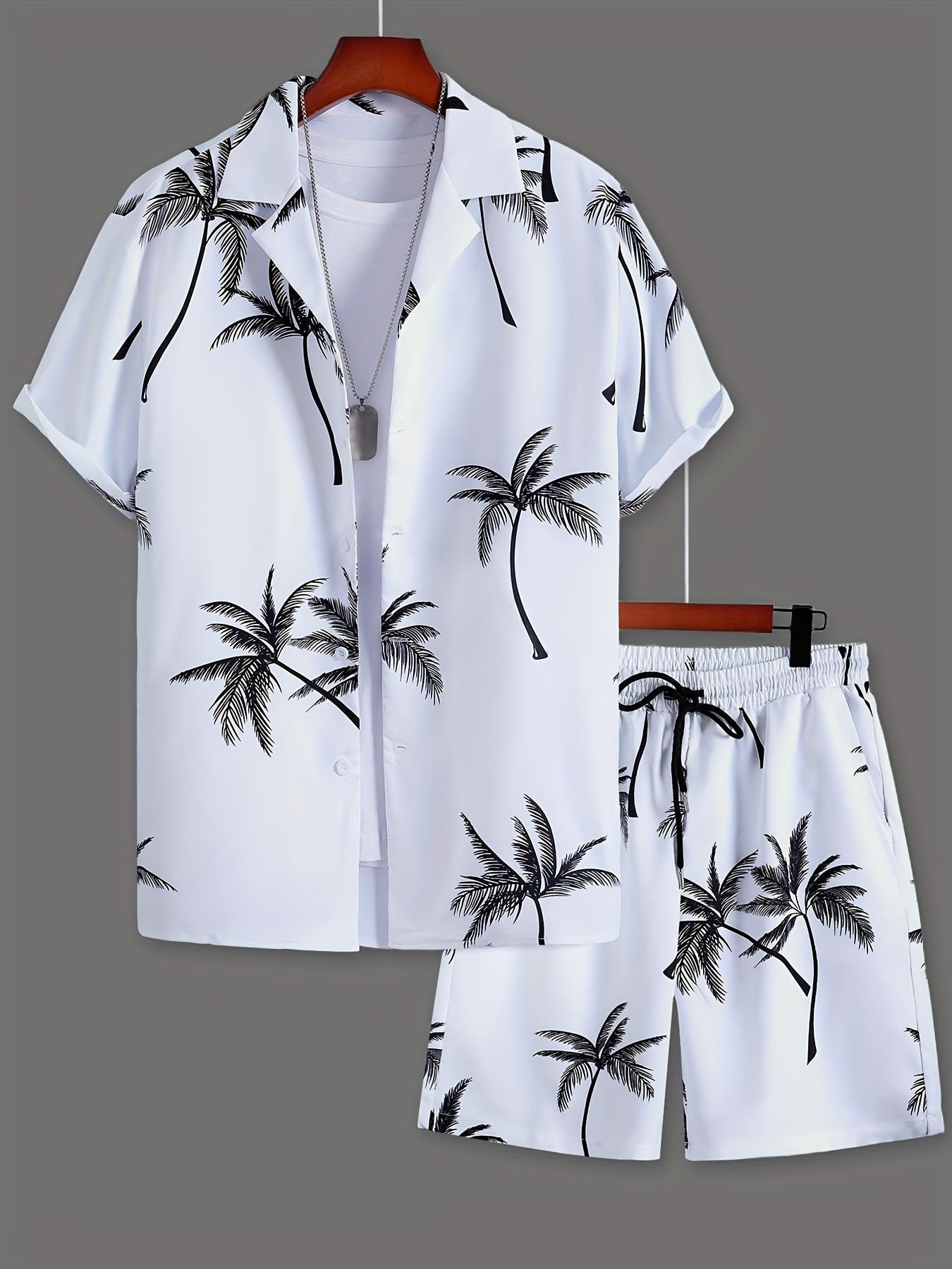 Conjunto de pijama de verano tropical con estampado de palmeras para hombre, camisa de manga corta de poliéster y pantalones cortos con cordón