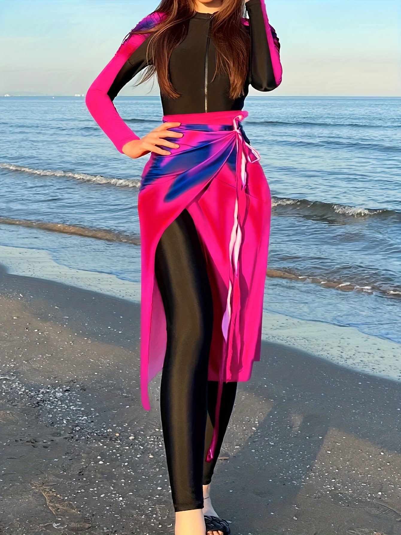 XQY BaiHui Ayollar uchun Tashqi Ko'rinishda Kichik Tashqi Qoplama va Shimlar bilan Tie-Dye Print Modest Suvga Tushish To'plami - Plyaj va Havuz uchun Ideal, Harakat Usuli bilan.