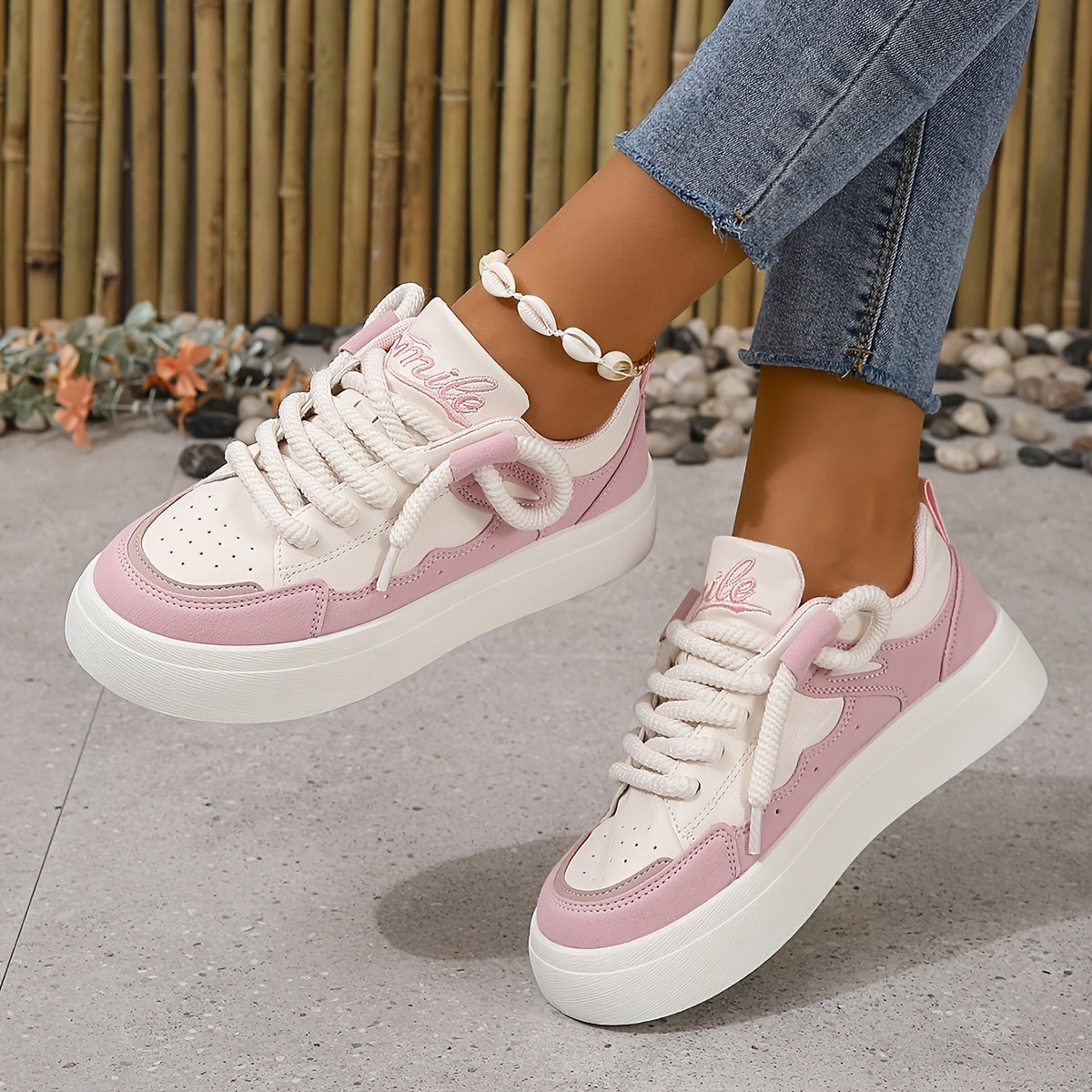 Zapatillas transpirables de malla para mujer blancas y rosas, calzado casual de caña baja