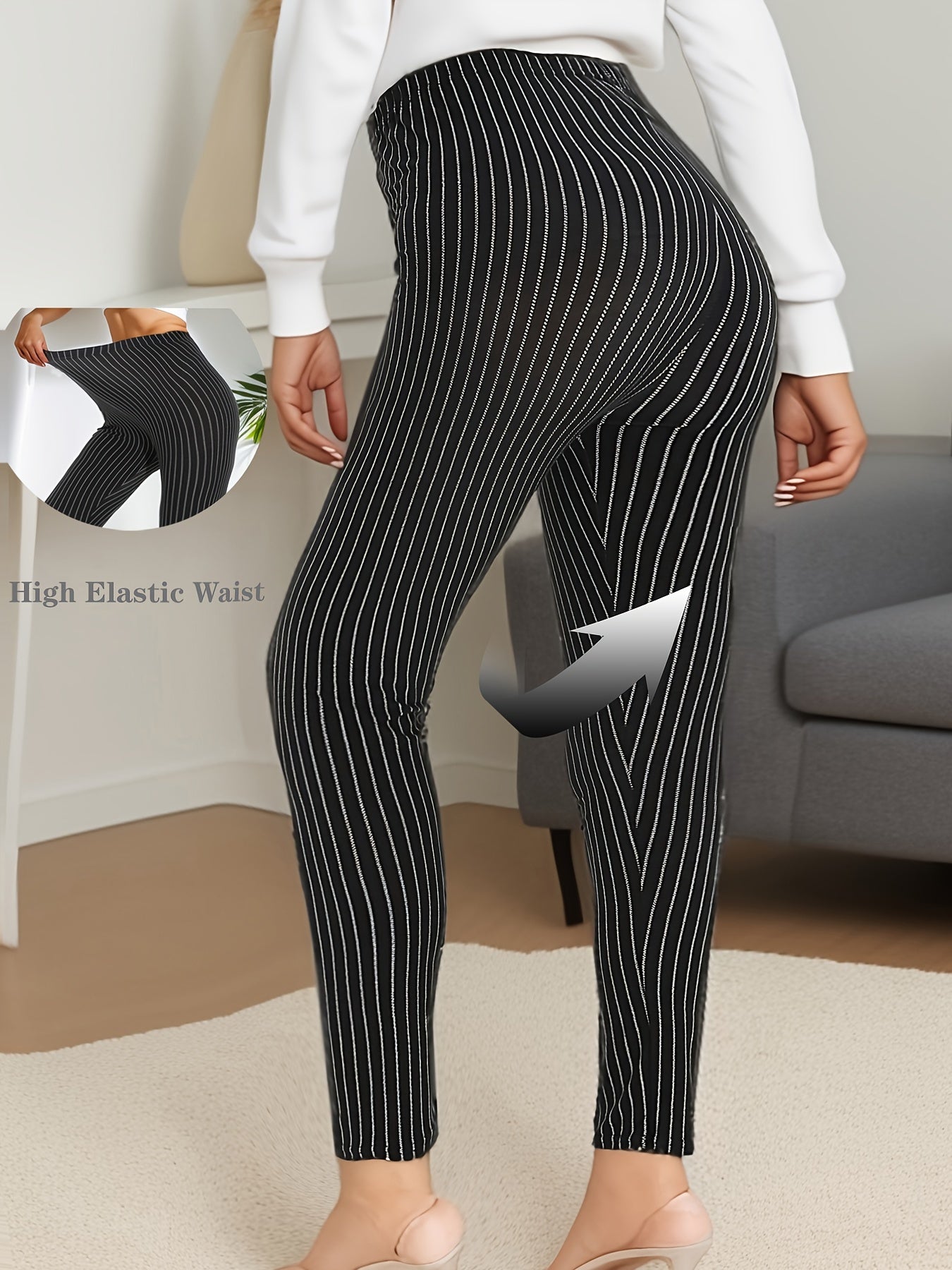 Women’s High Waist Striped Polyester Spandex Leggings Cropped Skinny Pants