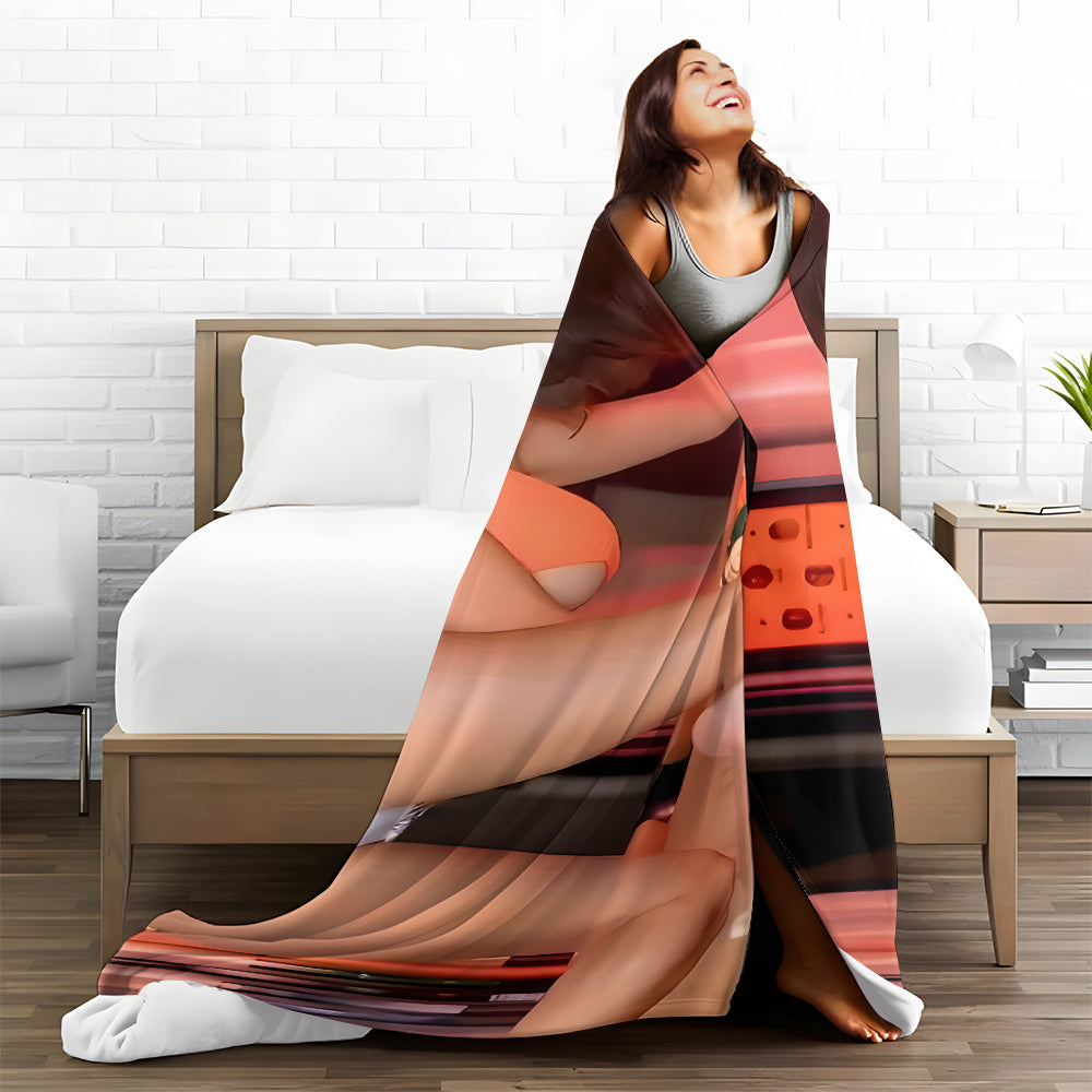 Soft and Cozy Flannel Throw Blanket with Blonde Model Design for Living Room Bedroom Outdoor Camping