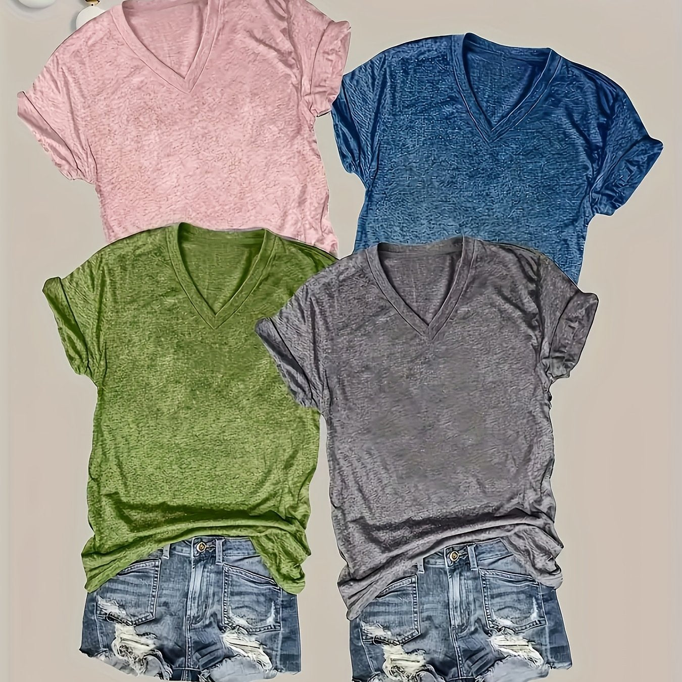 Women Solid Color V-Neck T-Shirts Casual Short Sleeve Spring Summer