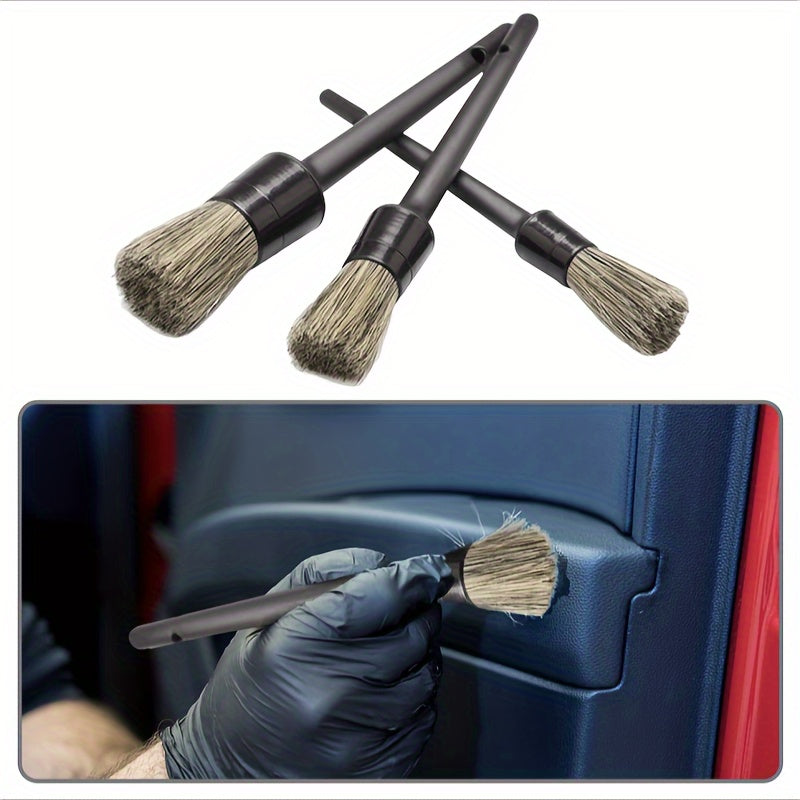 Set de 3 cepillos de cerdas suaves para detalles de coche de pelo de cerdo natural, limpieza exterior de neumáticos