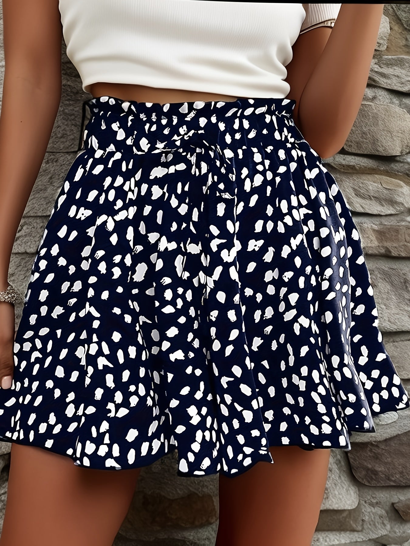 Шорты женские больших размеров с полкадотами, широкие, темно-синий с белым, летние, повседневные, нарядные