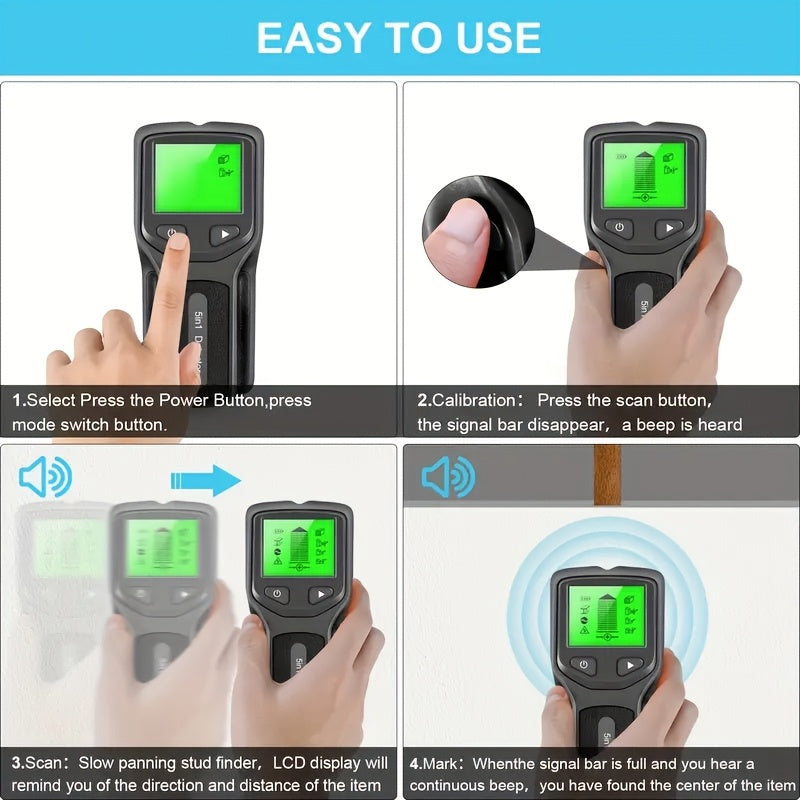 5-in-1 Stud Finder Wall Scanner Detects Wood Metal AC Wires Backlit Display Battery Operated