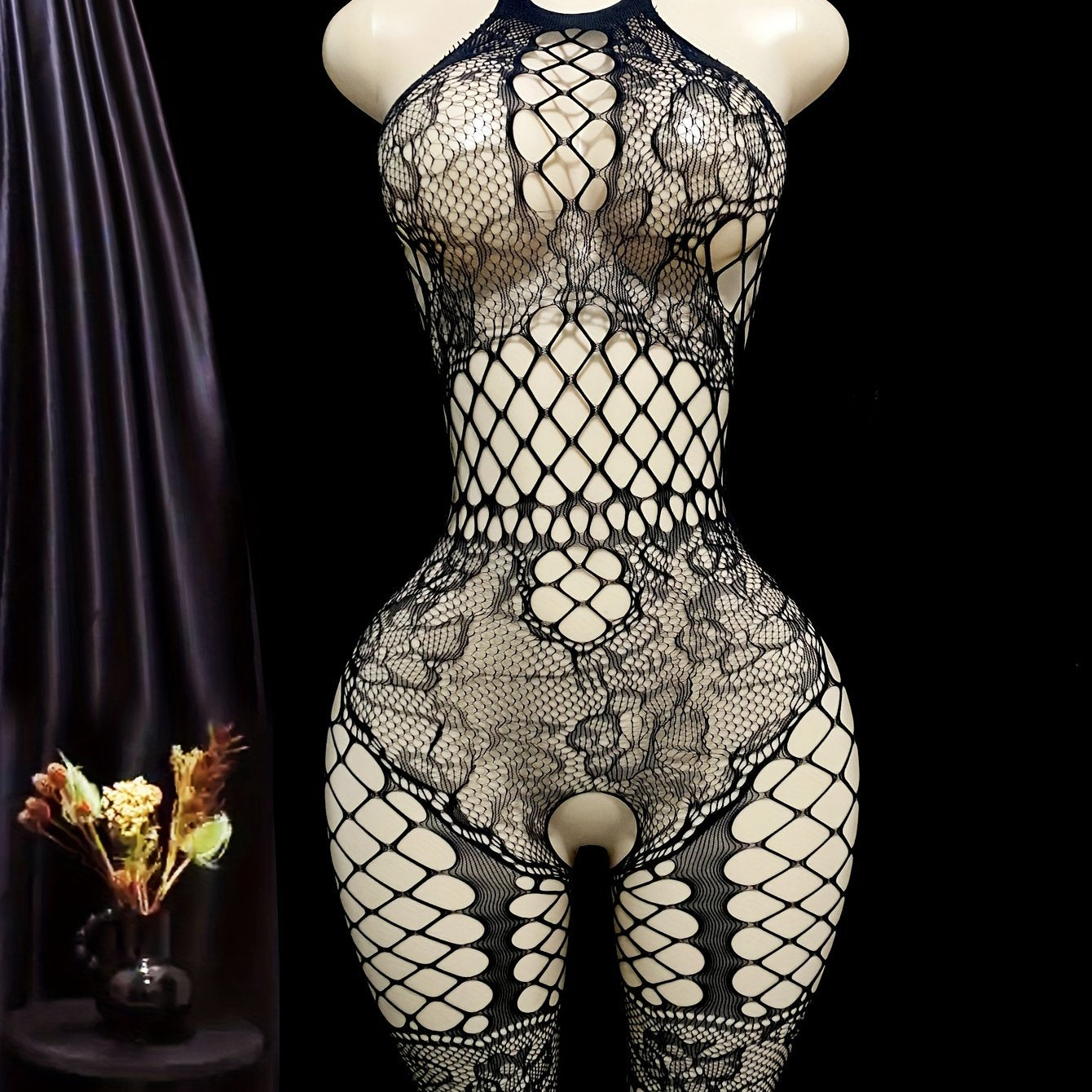 Women Thigh-High Fishnet Stockings Nylon Spandex Lace Semi-Sheer