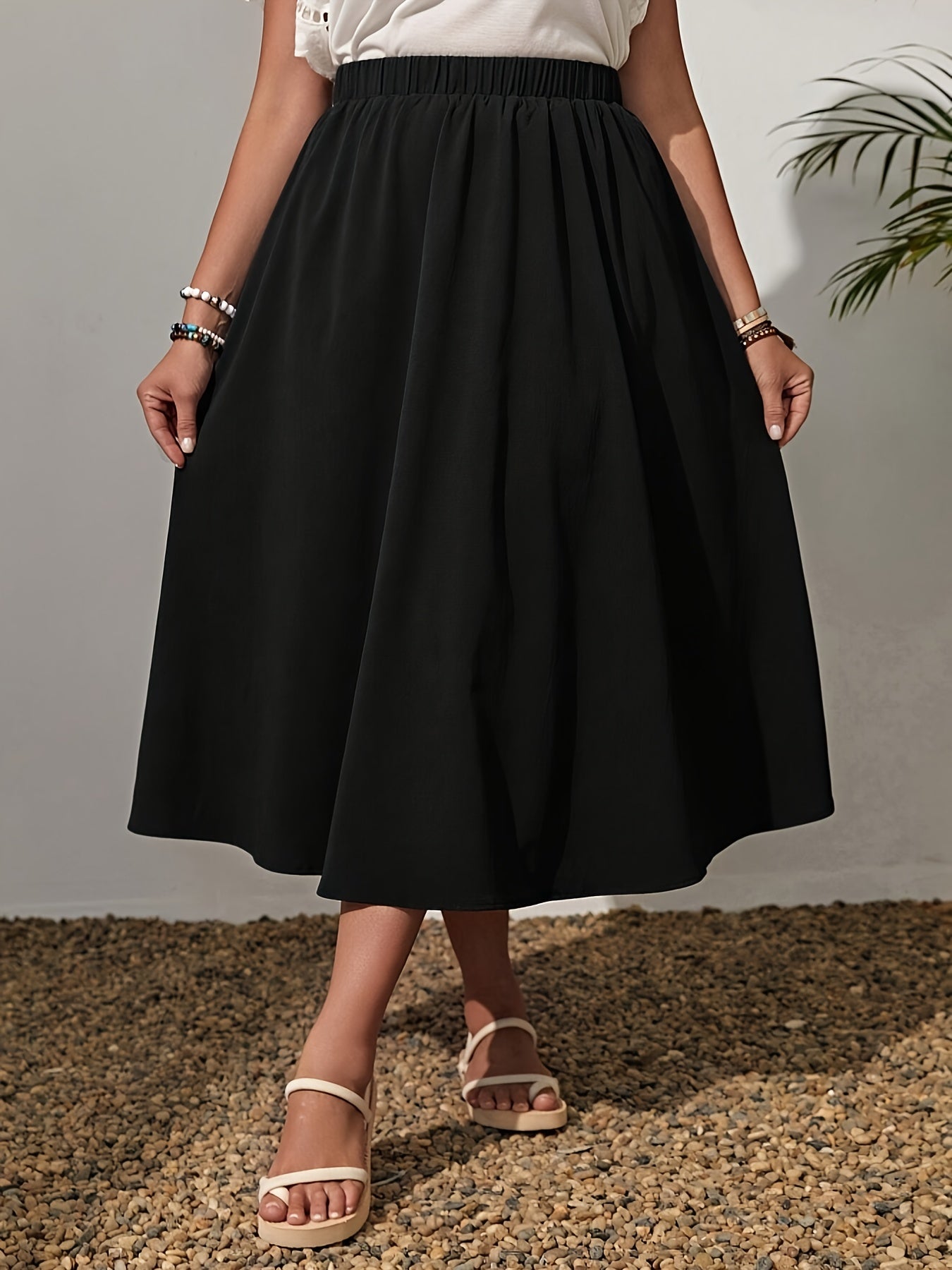 Plus Size Black A-Line Skirt with Elastic Waist Loose Fit Summer Casual
