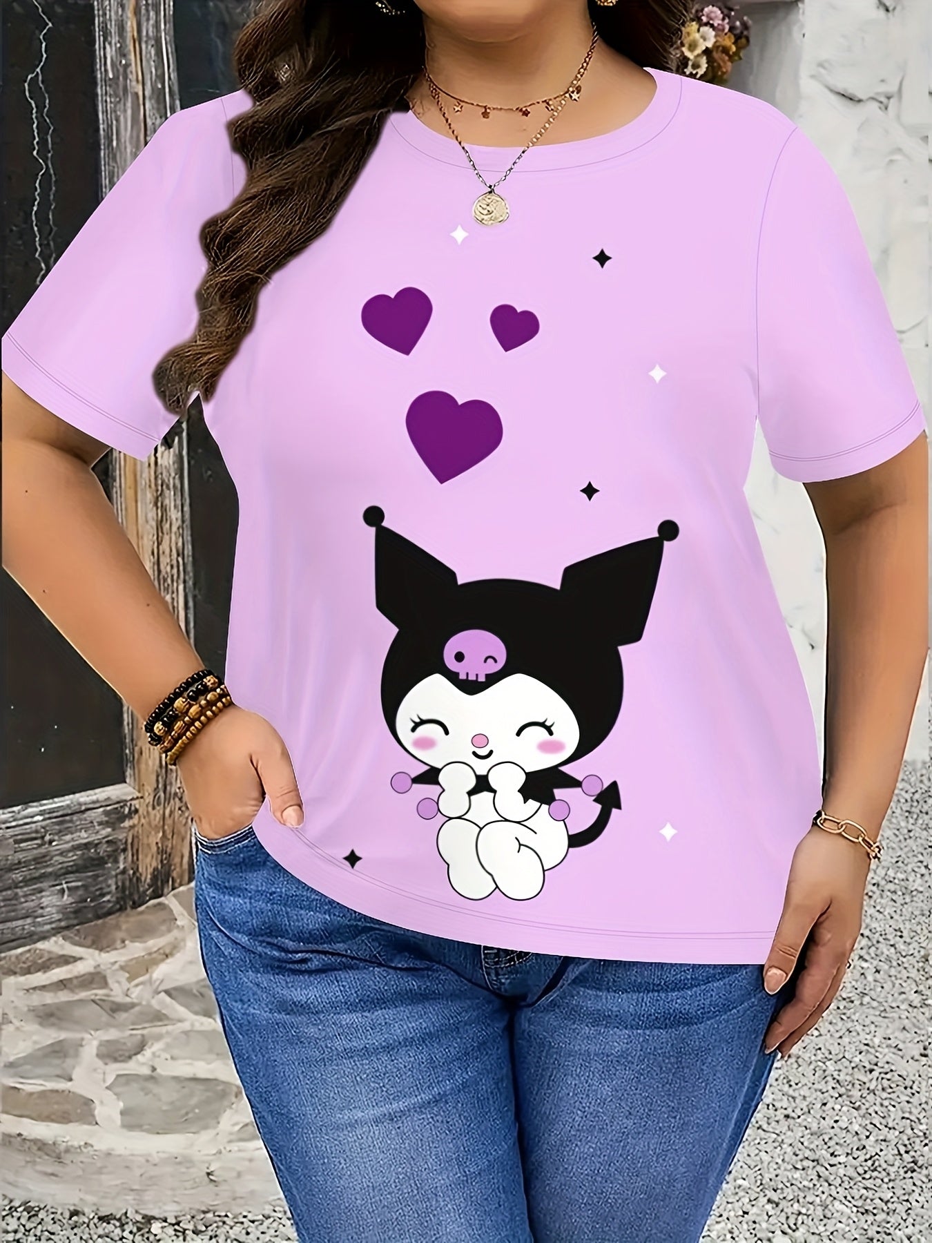 Women's Plus Size Graphic T-Shirt with Hearts and Stars, Short Sleeve, Soft Fabric
