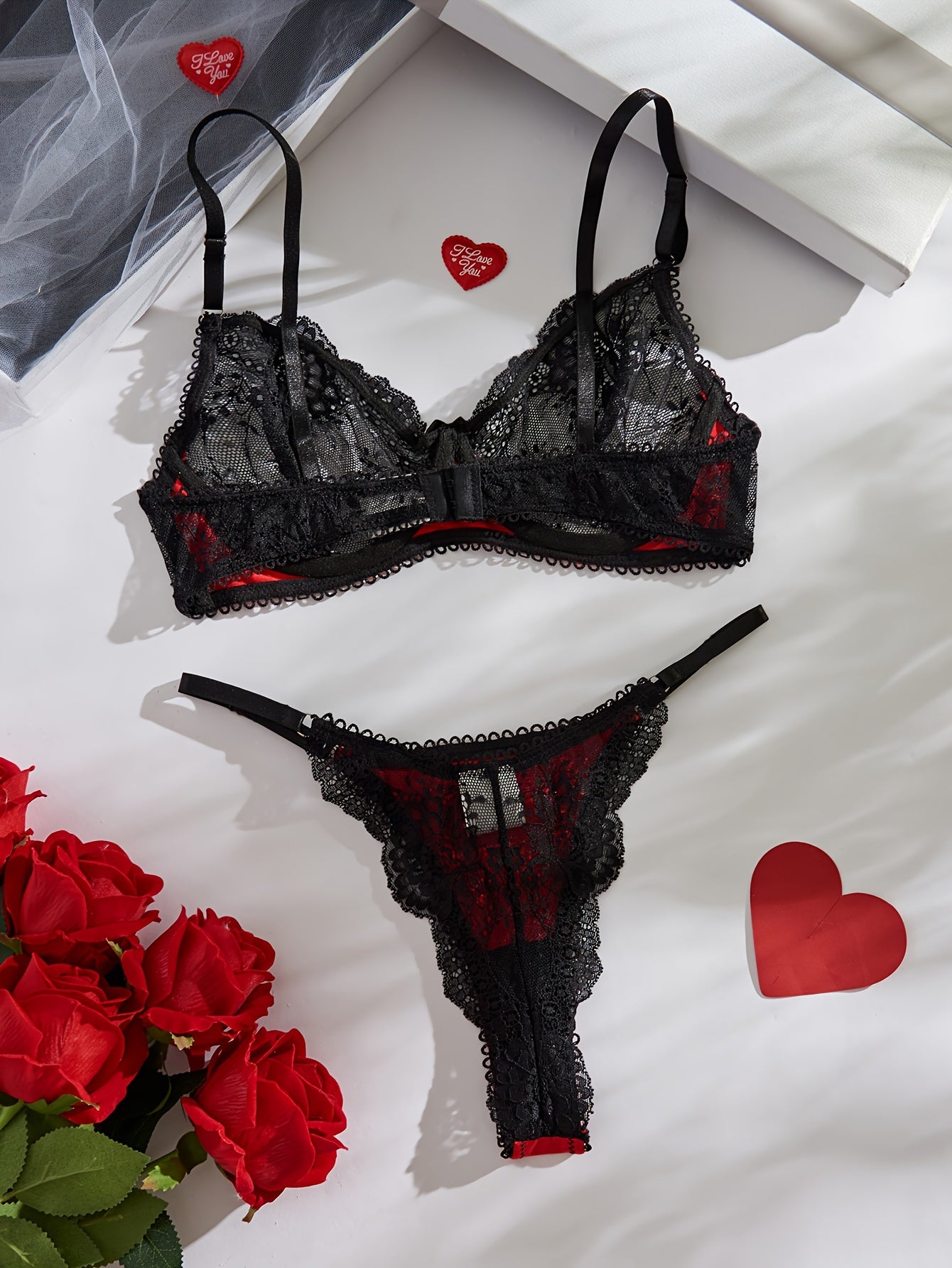 Women's Lace Satin Underwear Set No Bra High Cut Lace Trim Medium Support