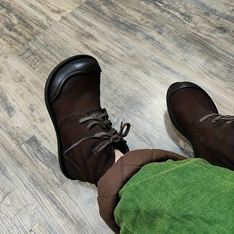 Women Leather Ankle Boots Casual Lace-Up Rubber Sole Winter Solid Color