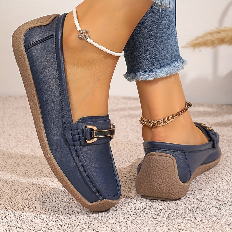 Women Loafers Metal Buckle Slip-On Casual Shoes Non-Slip TPR Sole