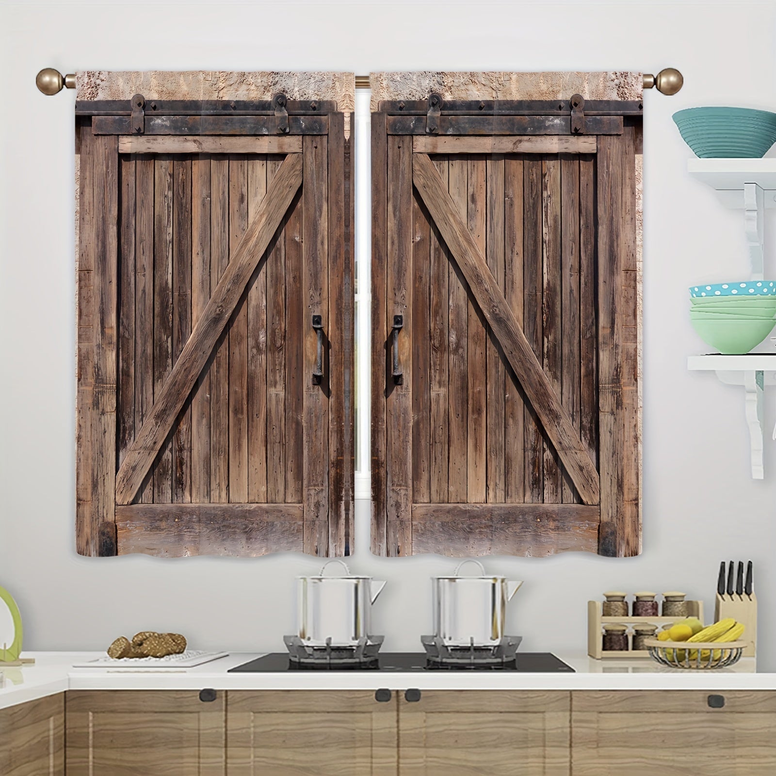 Vintage Barn Door Pattern Curtain Set 2 Blackout Kitchen Living Room Study