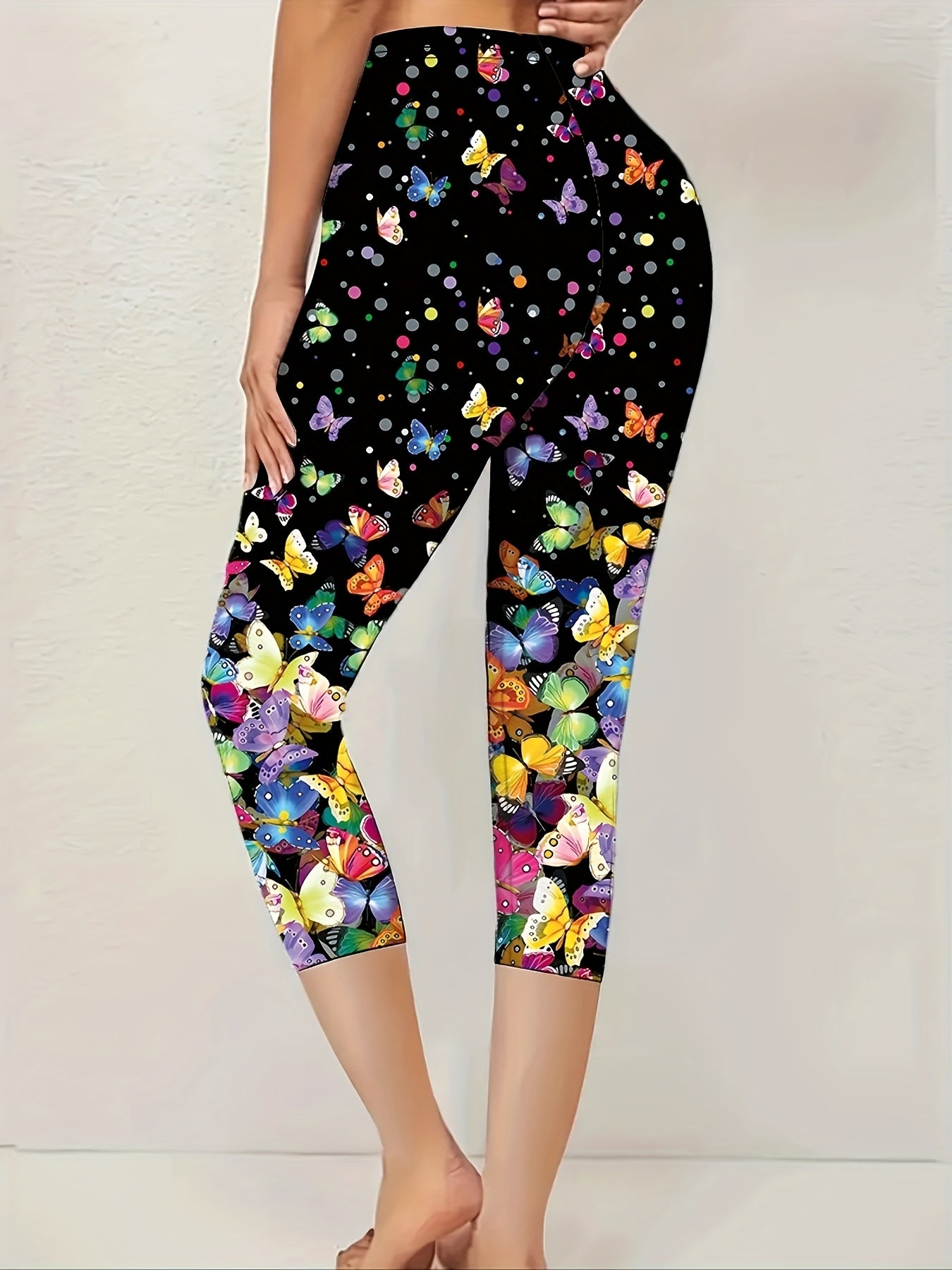 Women's Plus Size Butterfly Print Capri Leggings Stretchy High Waist Casual Beach Wear