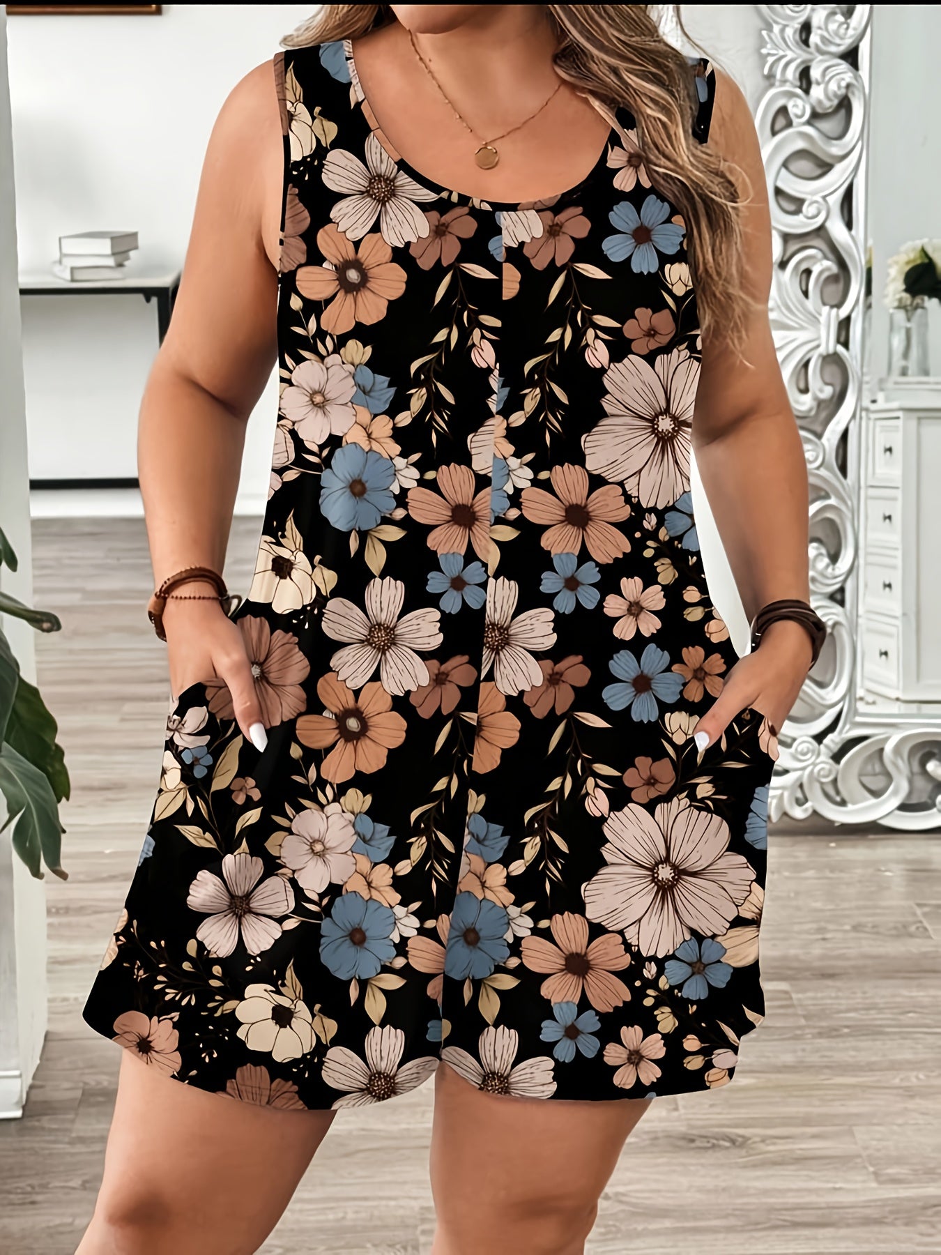 Plus Size Women's Floral Comfortable Jumpsuit with Pockets