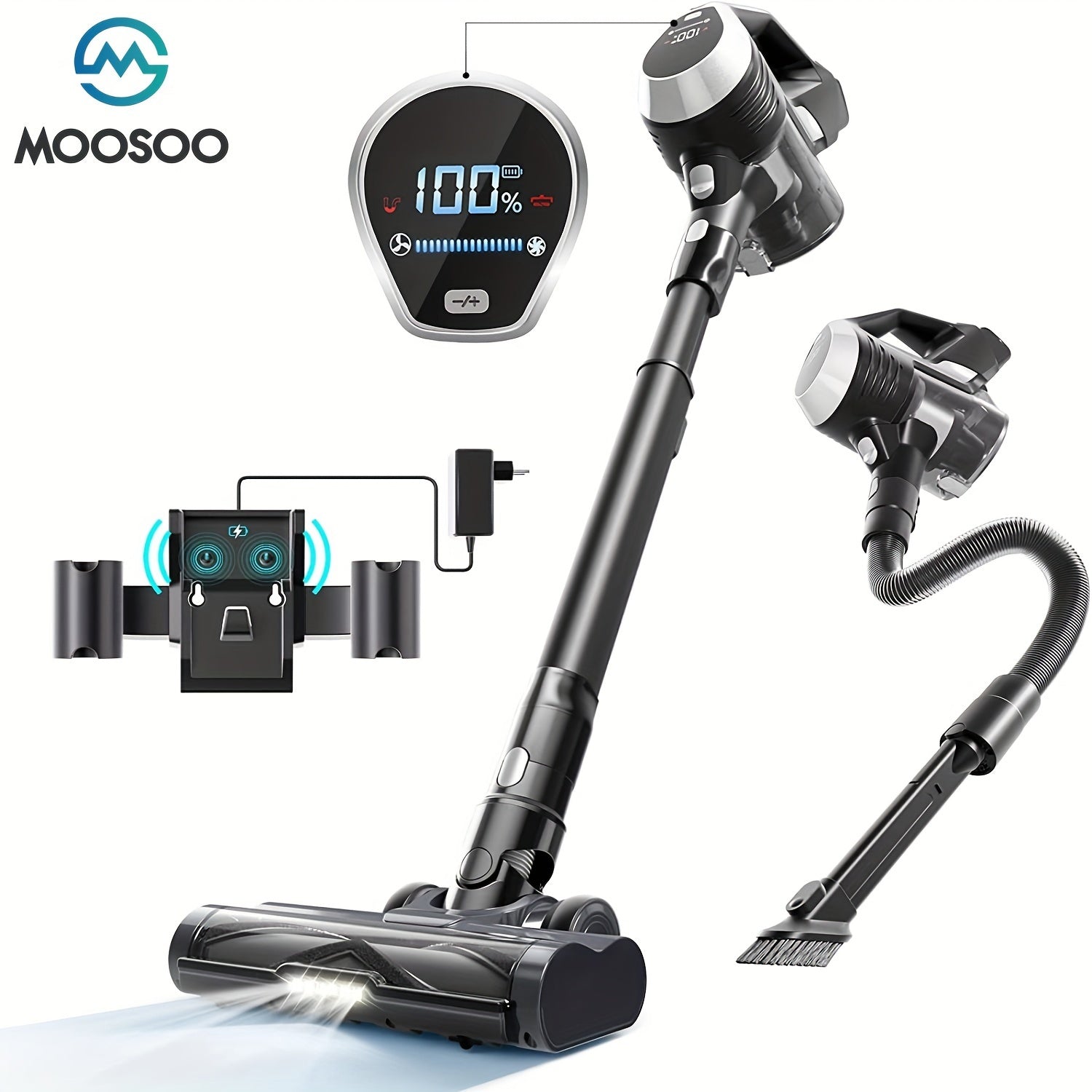 Cordless Vacuum Cleaner with LED Display Anti-Tangle Brush Powerful Suction for Pet Hair Hardwood Floors and Carpets