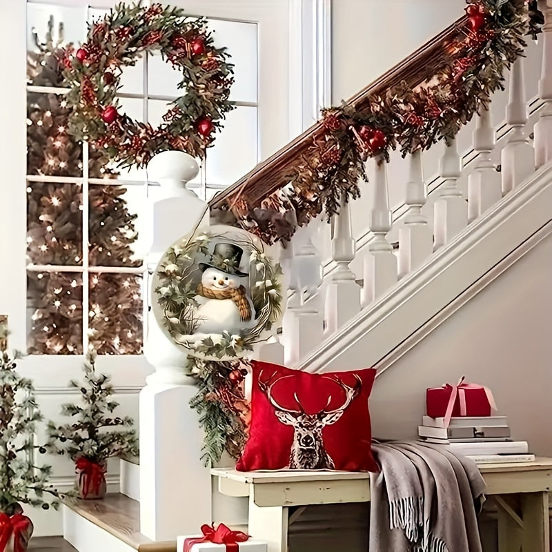 Snowman Wreath Wooden Sign with Top Hat and Scarf Christmas Winter Home Decor