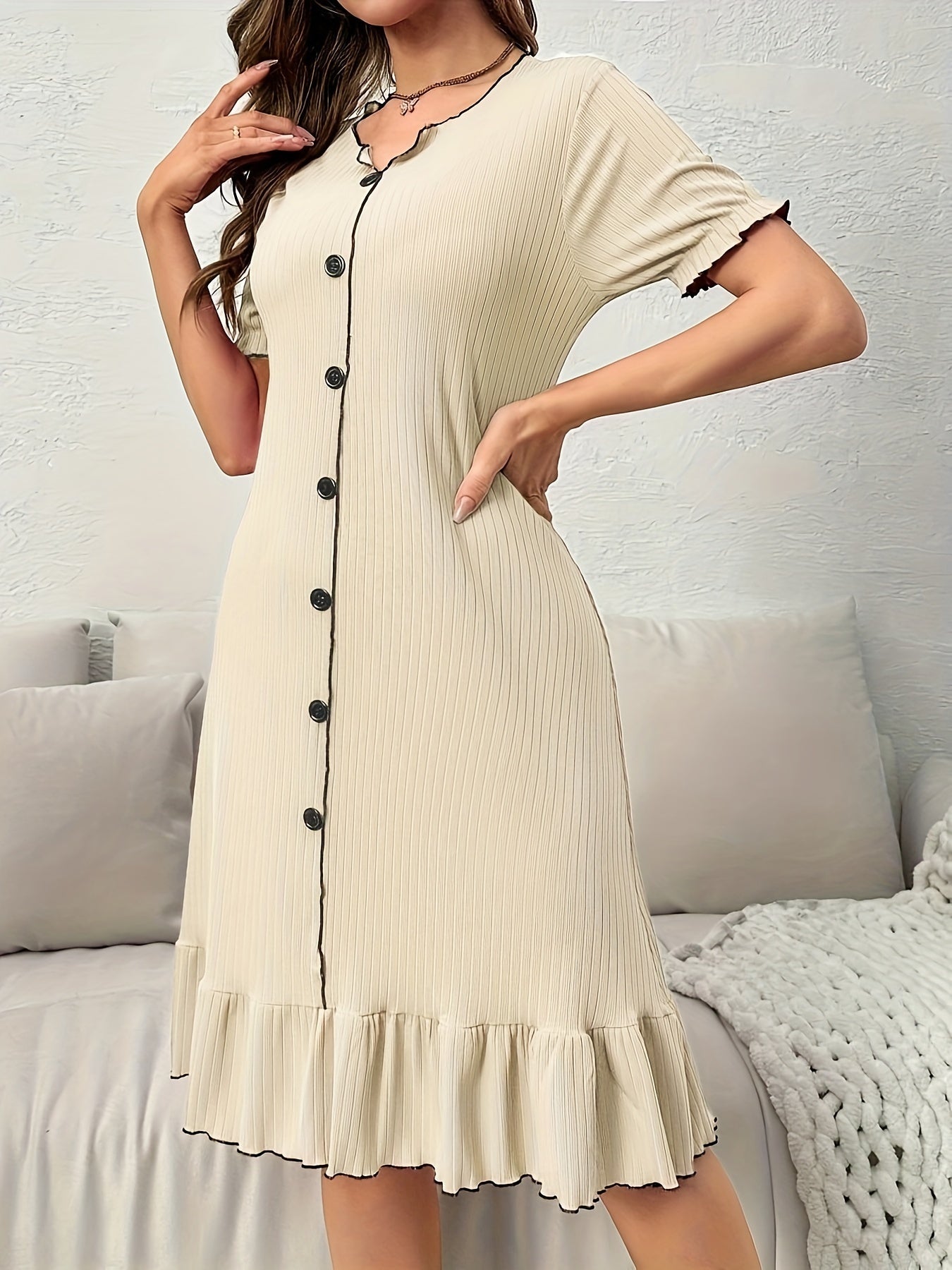 Vestido casual de primavera y verano para mujer con dobladillo de encaje en contraste y escote en V