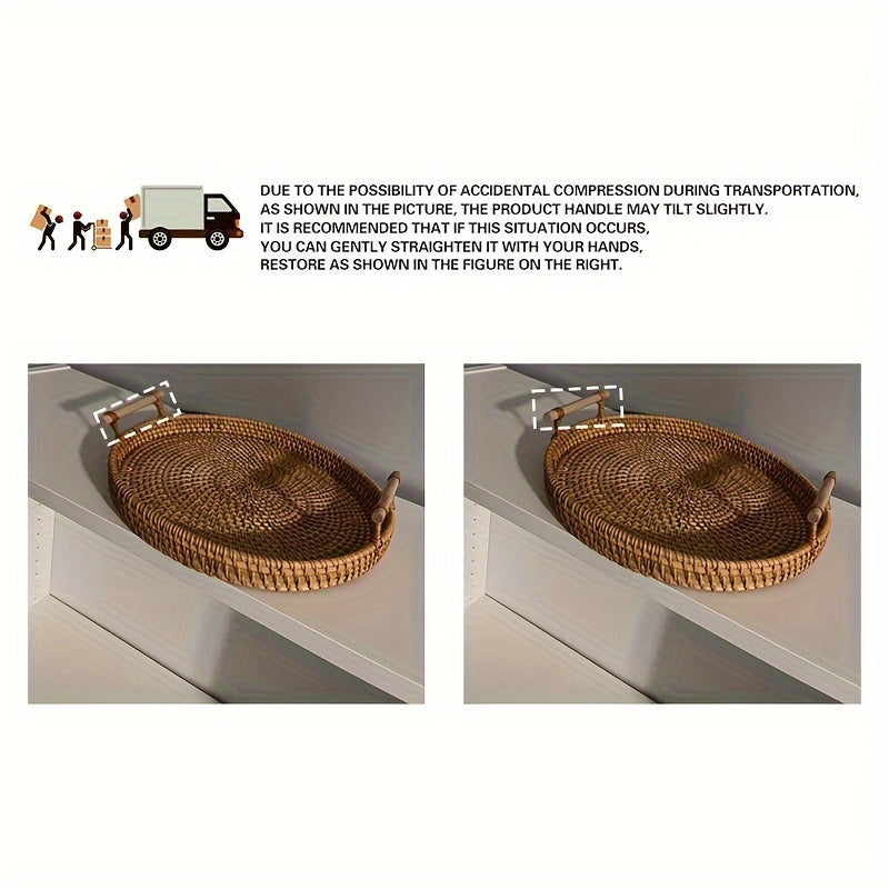 Handcrafted Rattan Serving Tray with Double Handles for Tea, Fruit, Snacks