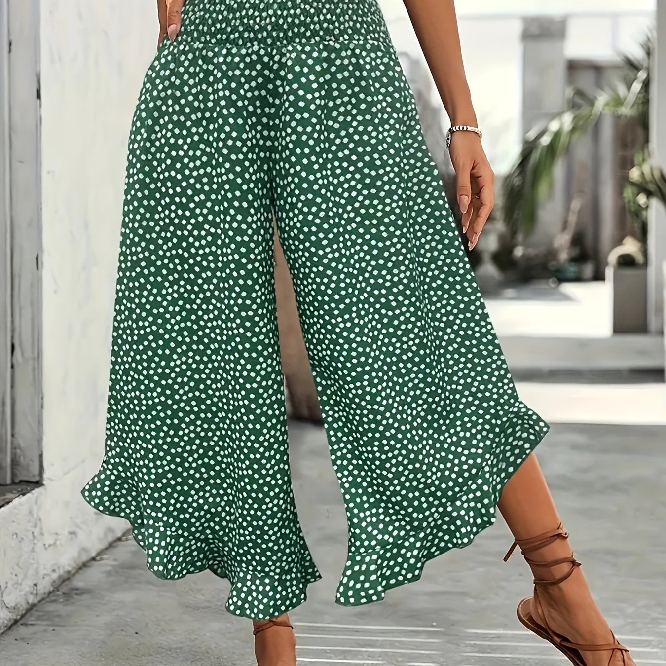Women’s Summer Black Floral Wide-Leg Palazzo Pants Ruffle Detail Casual